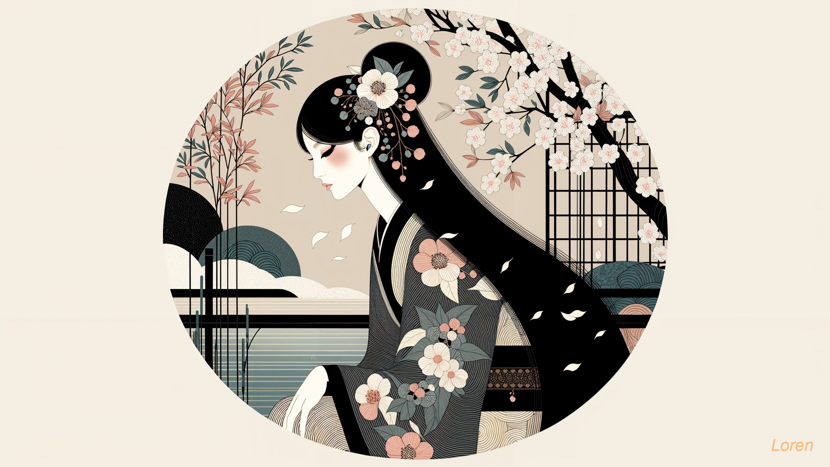 Young Woman in Traditional Japanese Attire Amid Blossoms