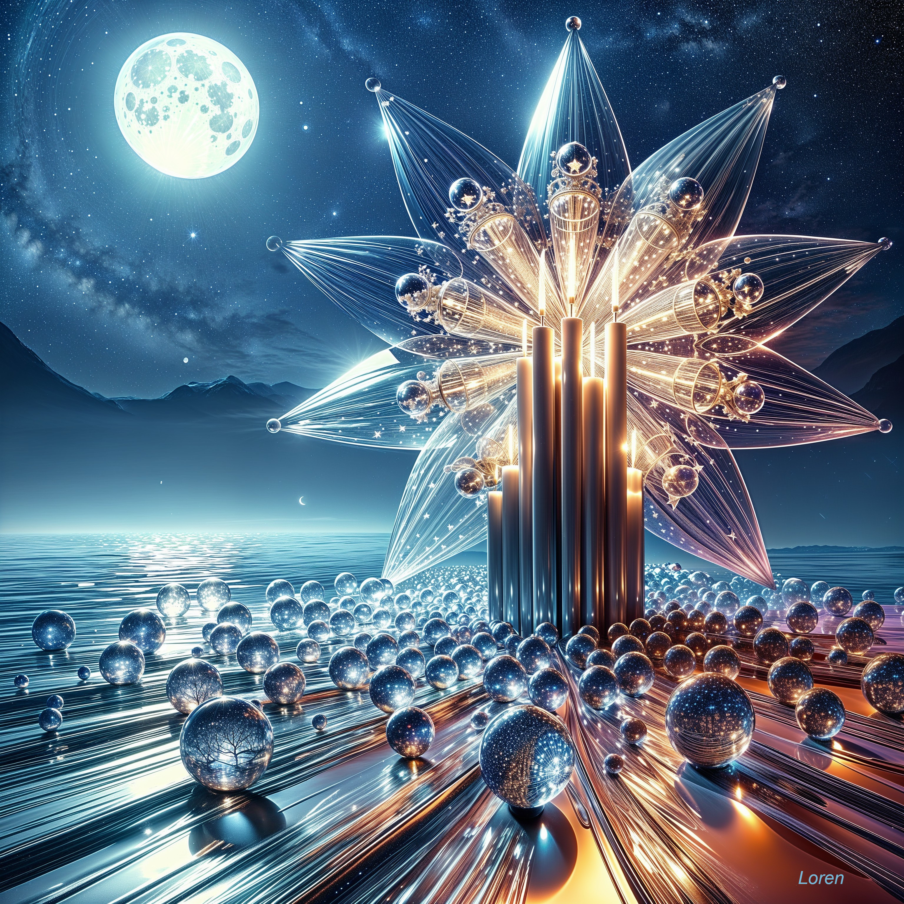 Surreal landscape with luminous flower and shimmering spheres