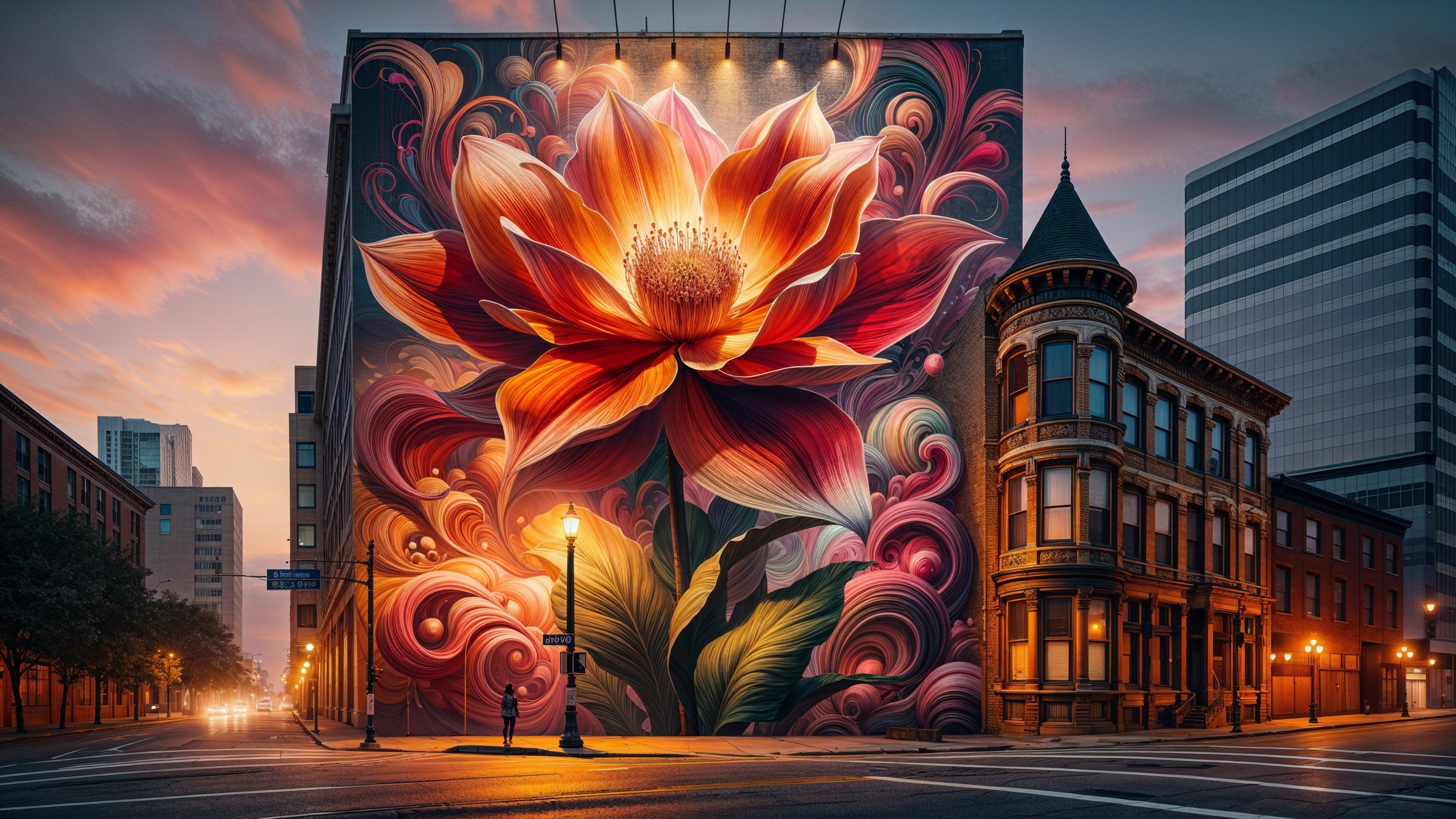 Vibrant Urban Mural of Colorful Lotus Flower