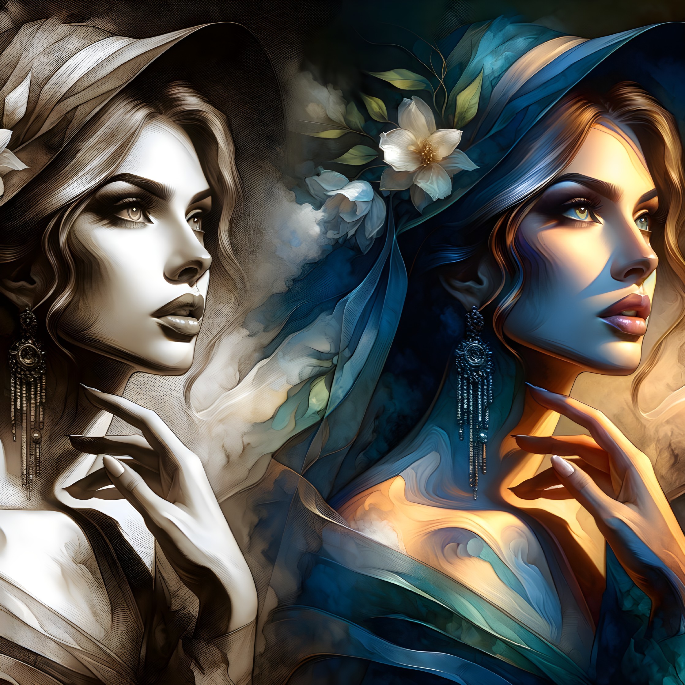 Stylized portraits of women in elegant headscarves and earrings, one warm sepia, the