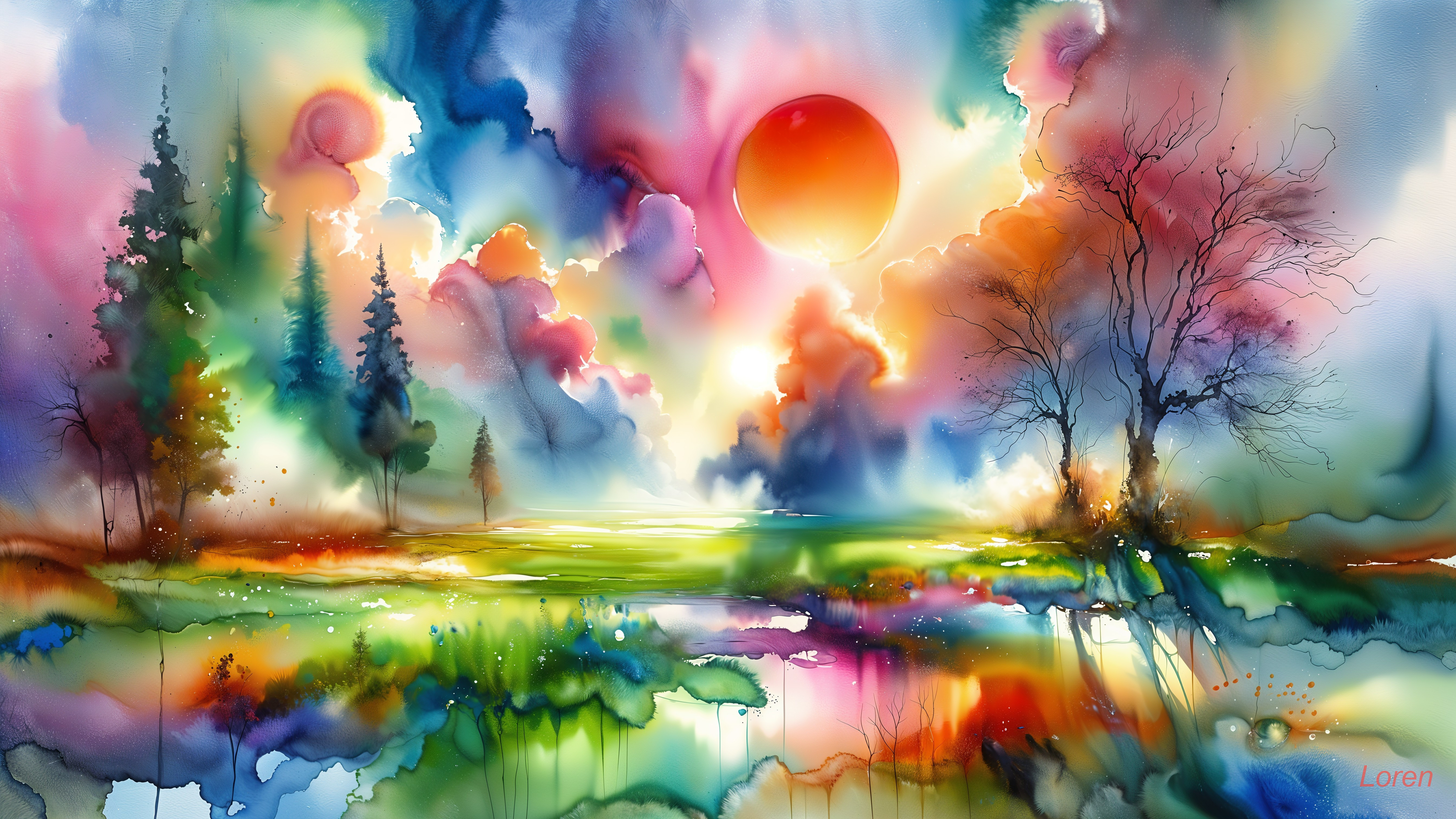 Vibrant Landscape Painting with Surreal Color Blends