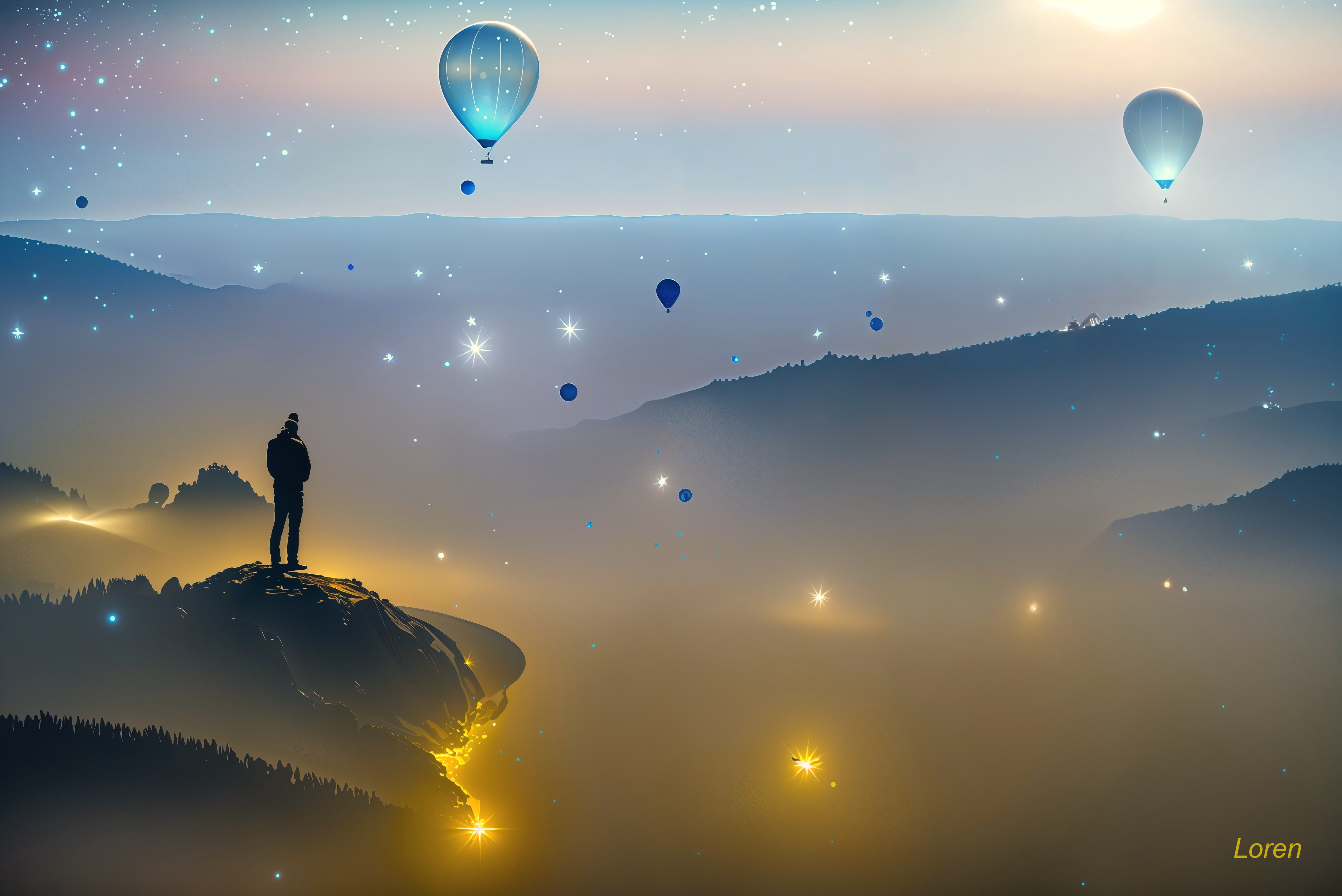 Solitary Figure on Cliff with Hot Air Balloons at Twilight