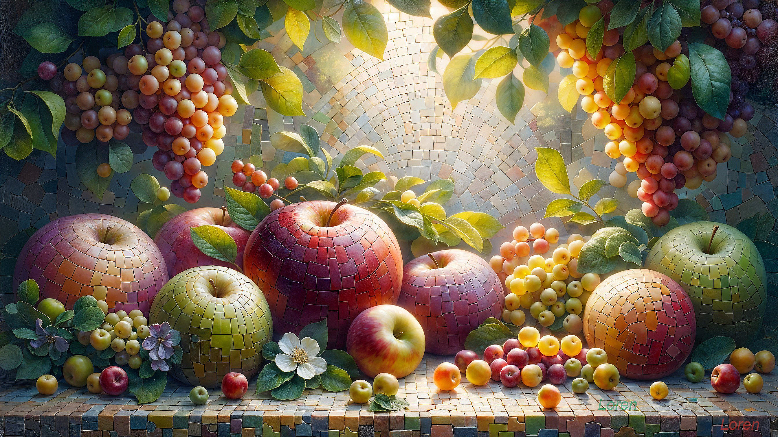 Vibrant Mosaic Still Life of Apples and Grapes