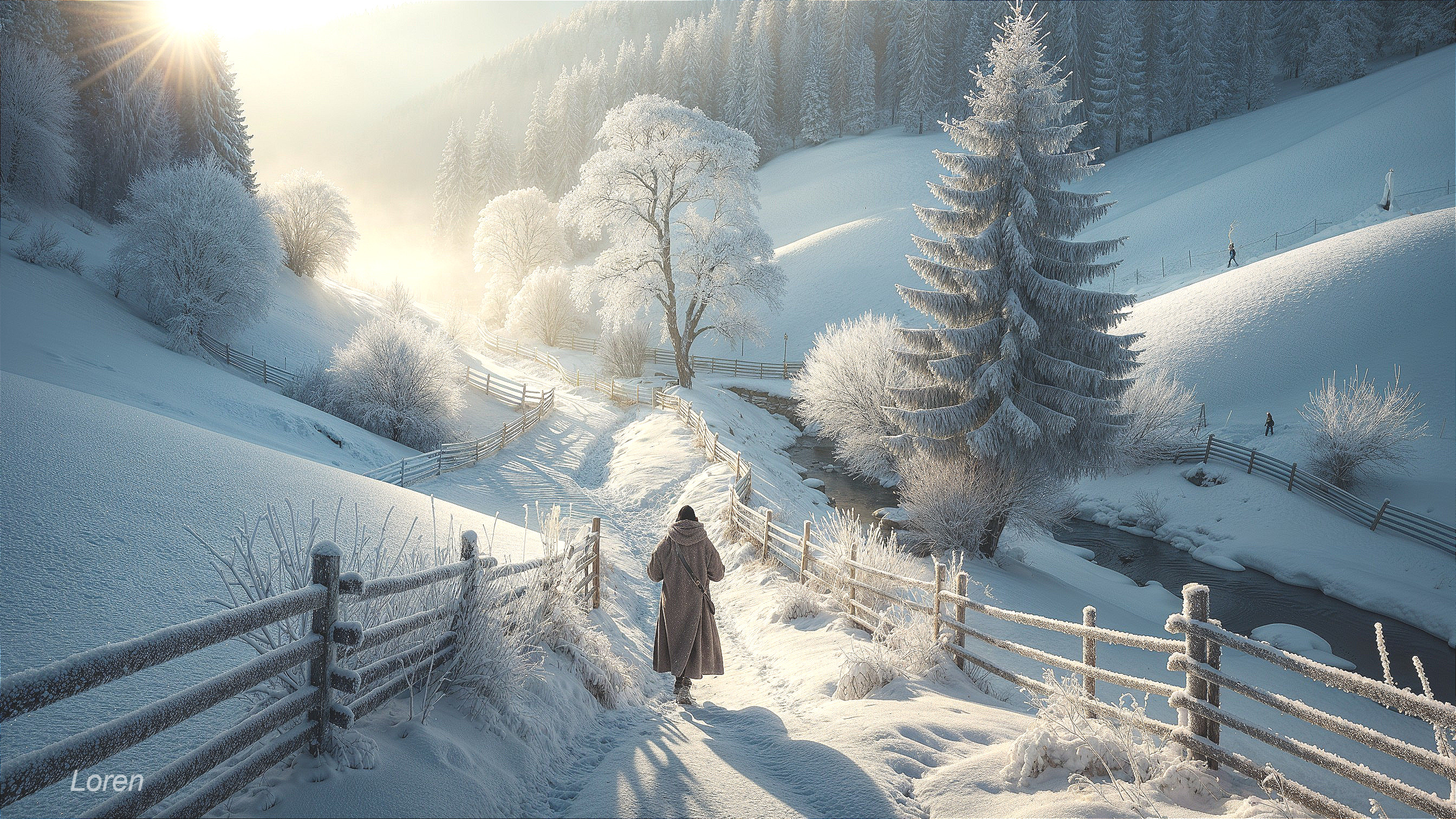 Winter Landscape with Snow-Covered Valley and Stream