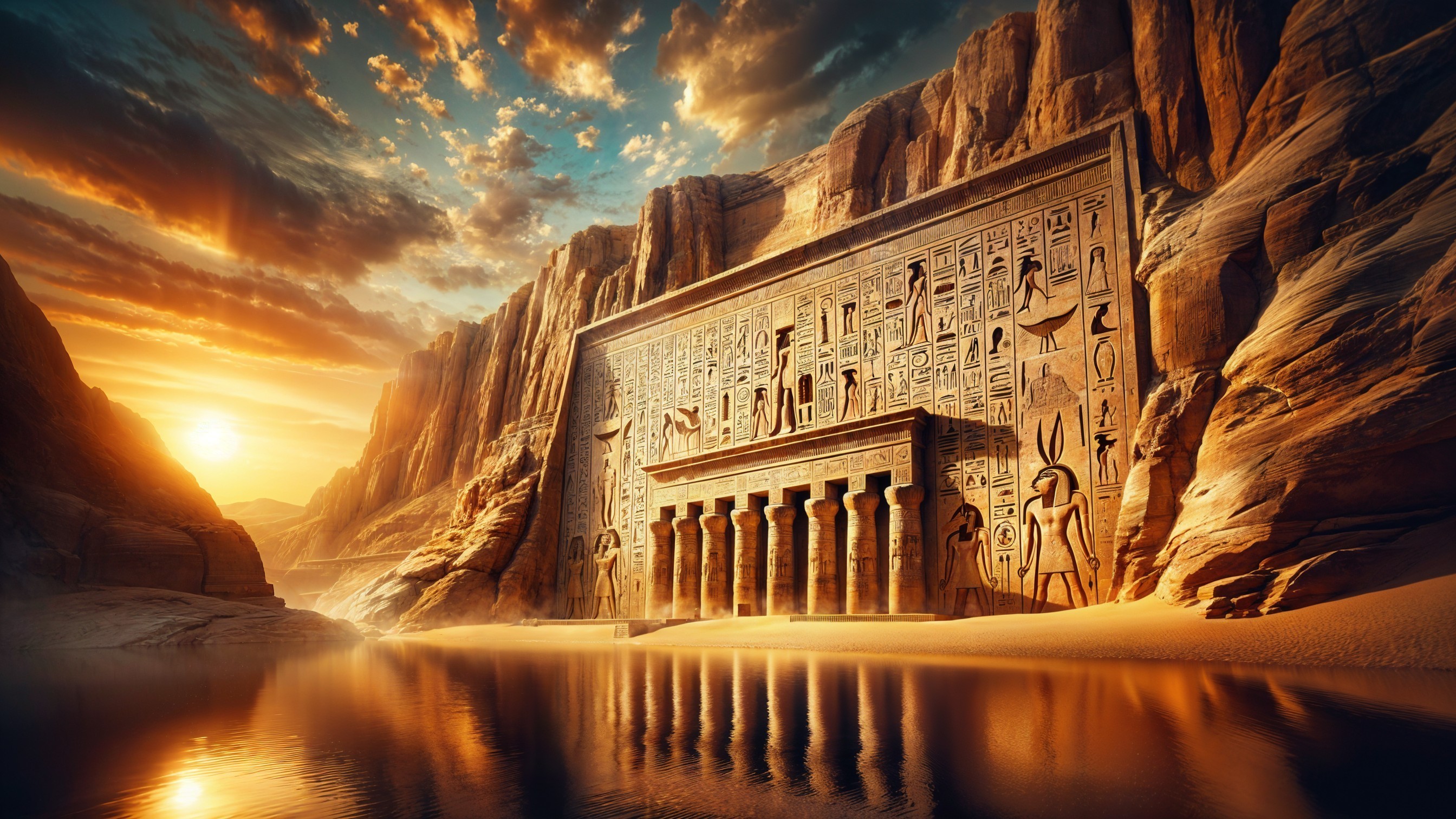 Ancient Temple Surrounded by Cliffs at Sunset