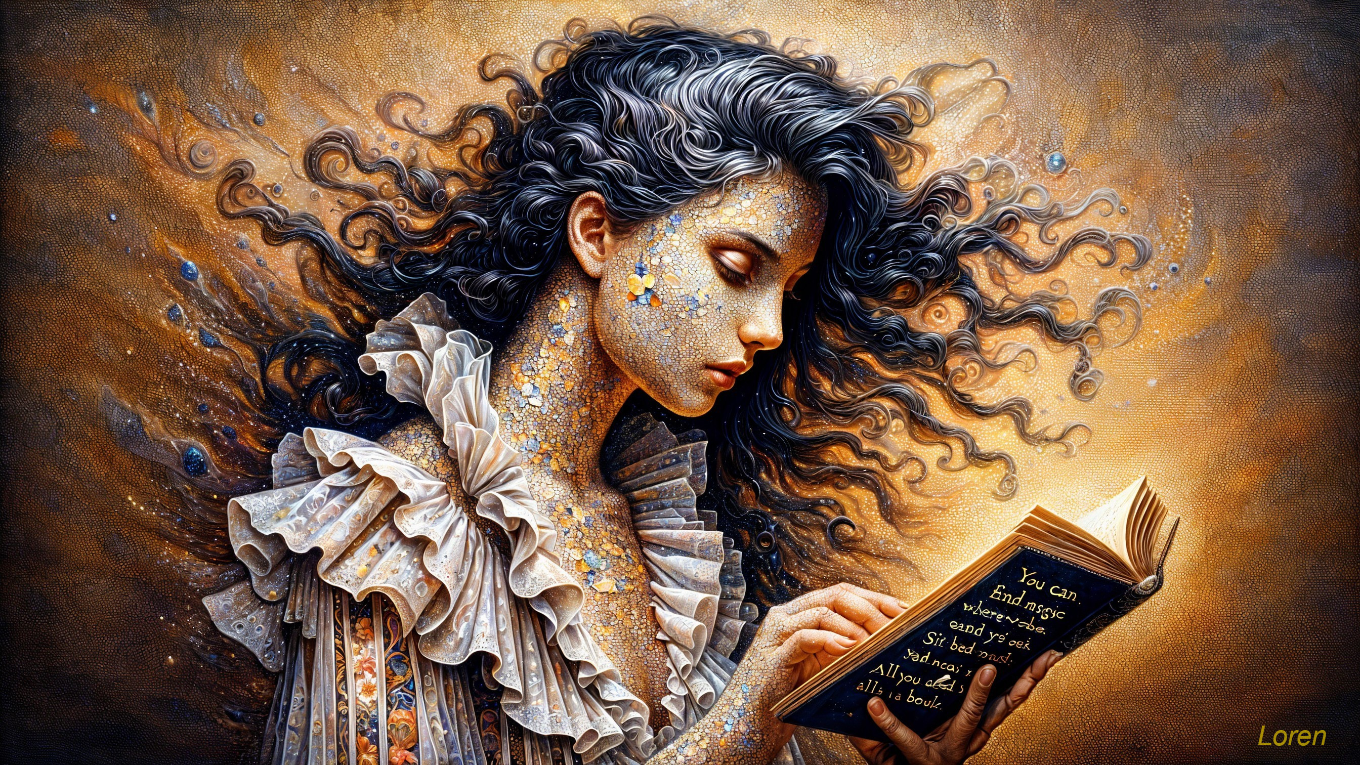 Young woman with curly hair reading a mystical book