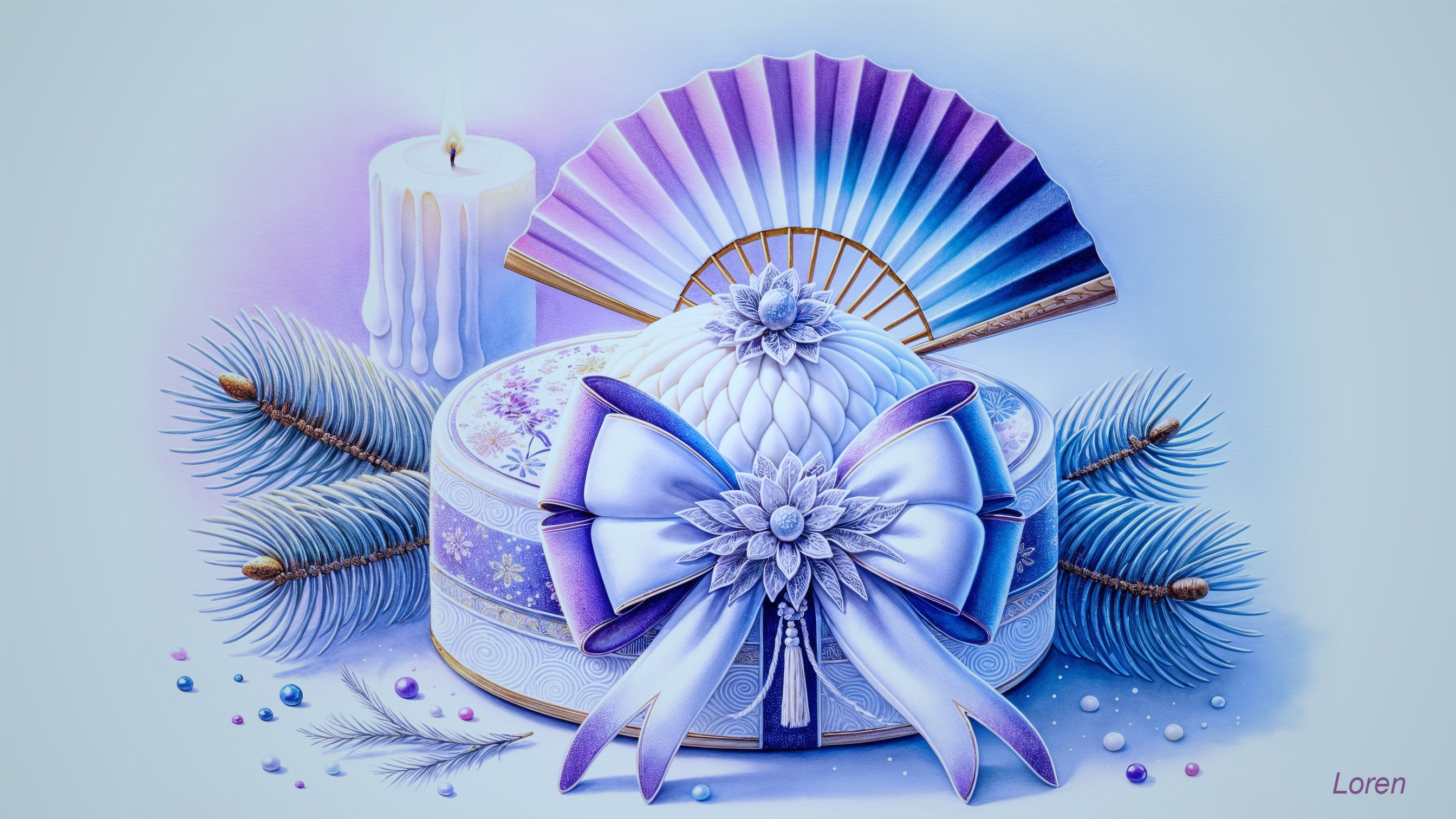 Festively Wrapped Gift Box with Floral Decor and Candle