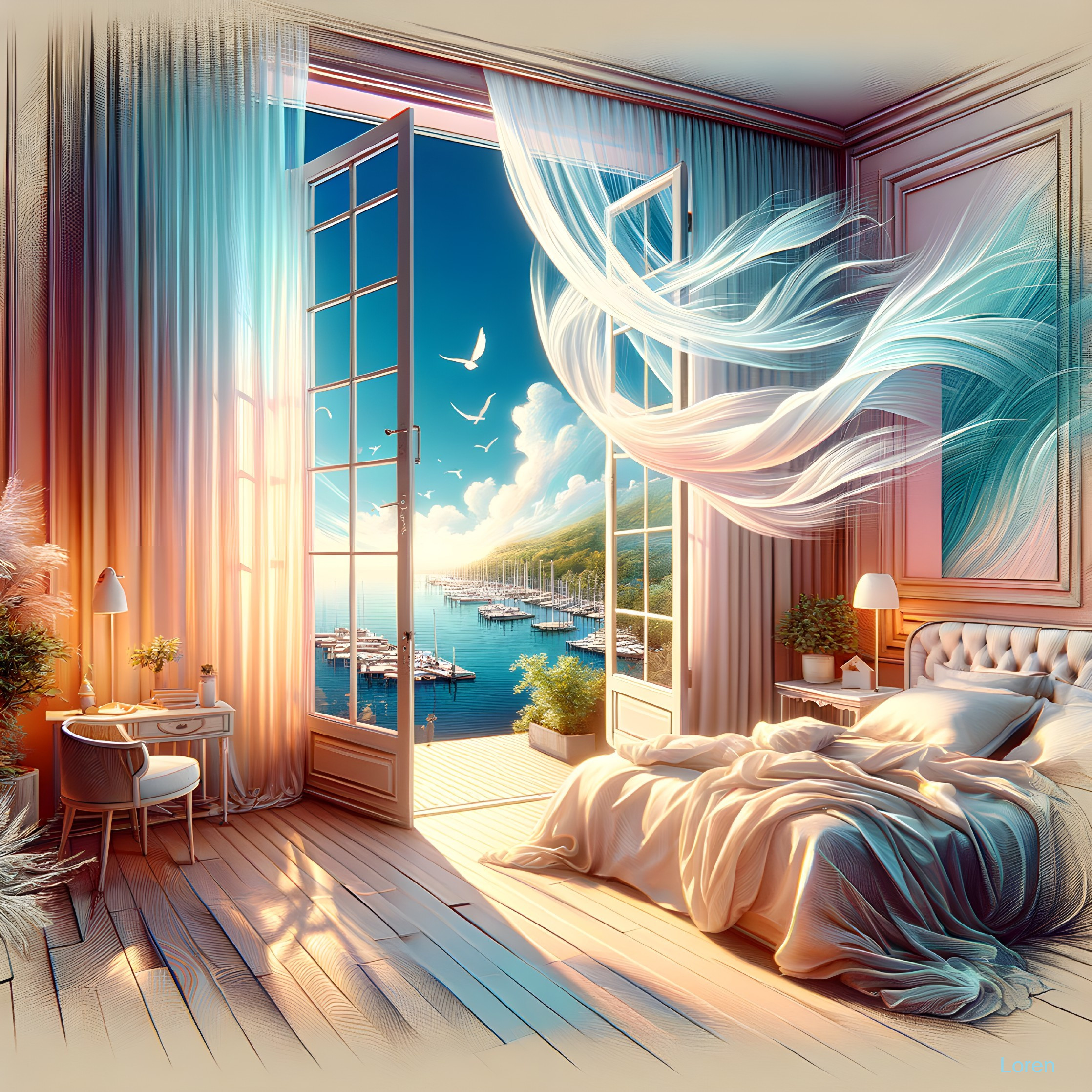 Serene Bedroom with Coastal View and Relaxing Atmosphere