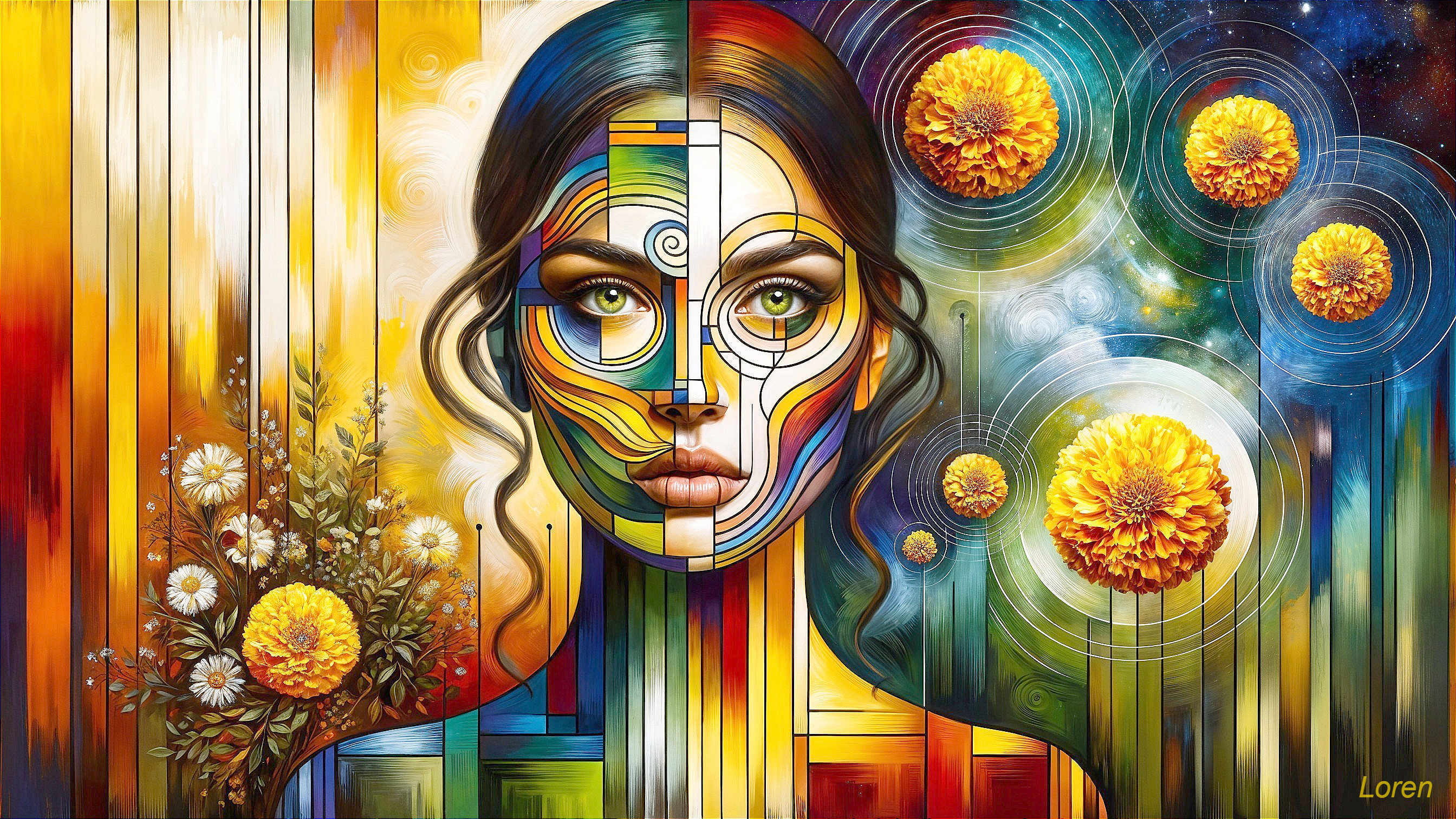 Abstract Portrait with Geometric Patterns and Colors