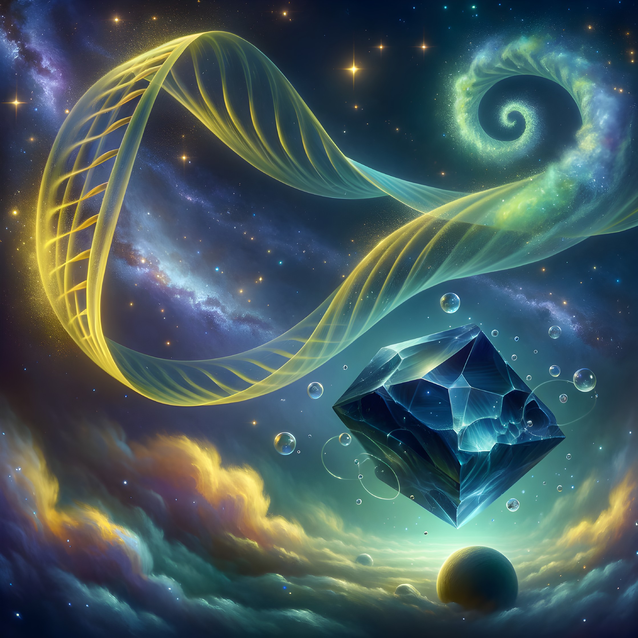 Vibrant Cosmos with DNA Strand and Crystal Elements
