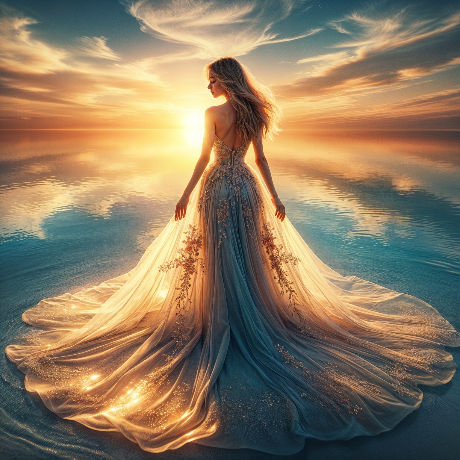 Woman in ethereal gown by tranquil sunset water