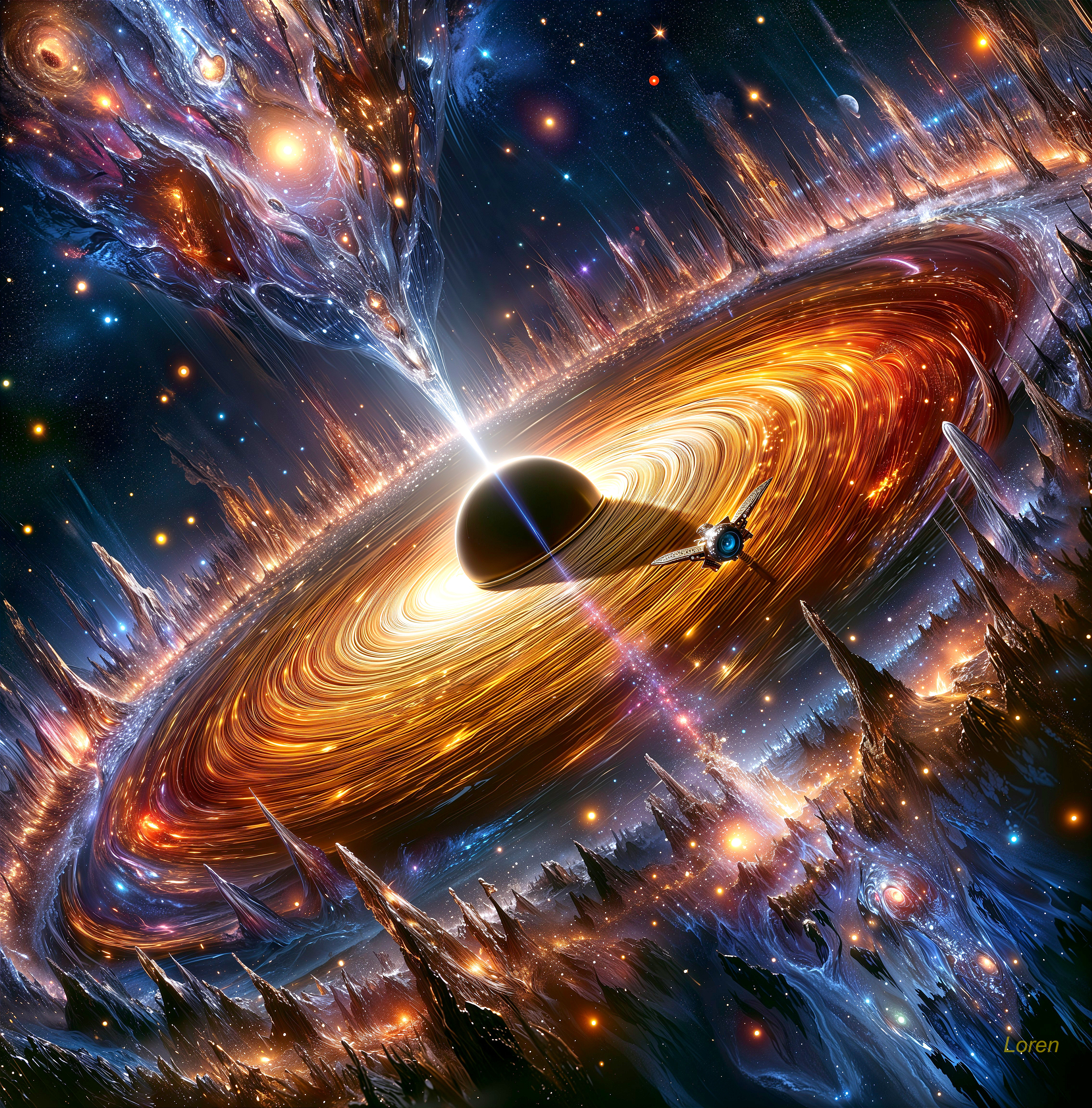Swirling Black Hole Surrounded by Colorful Celestial Bodies