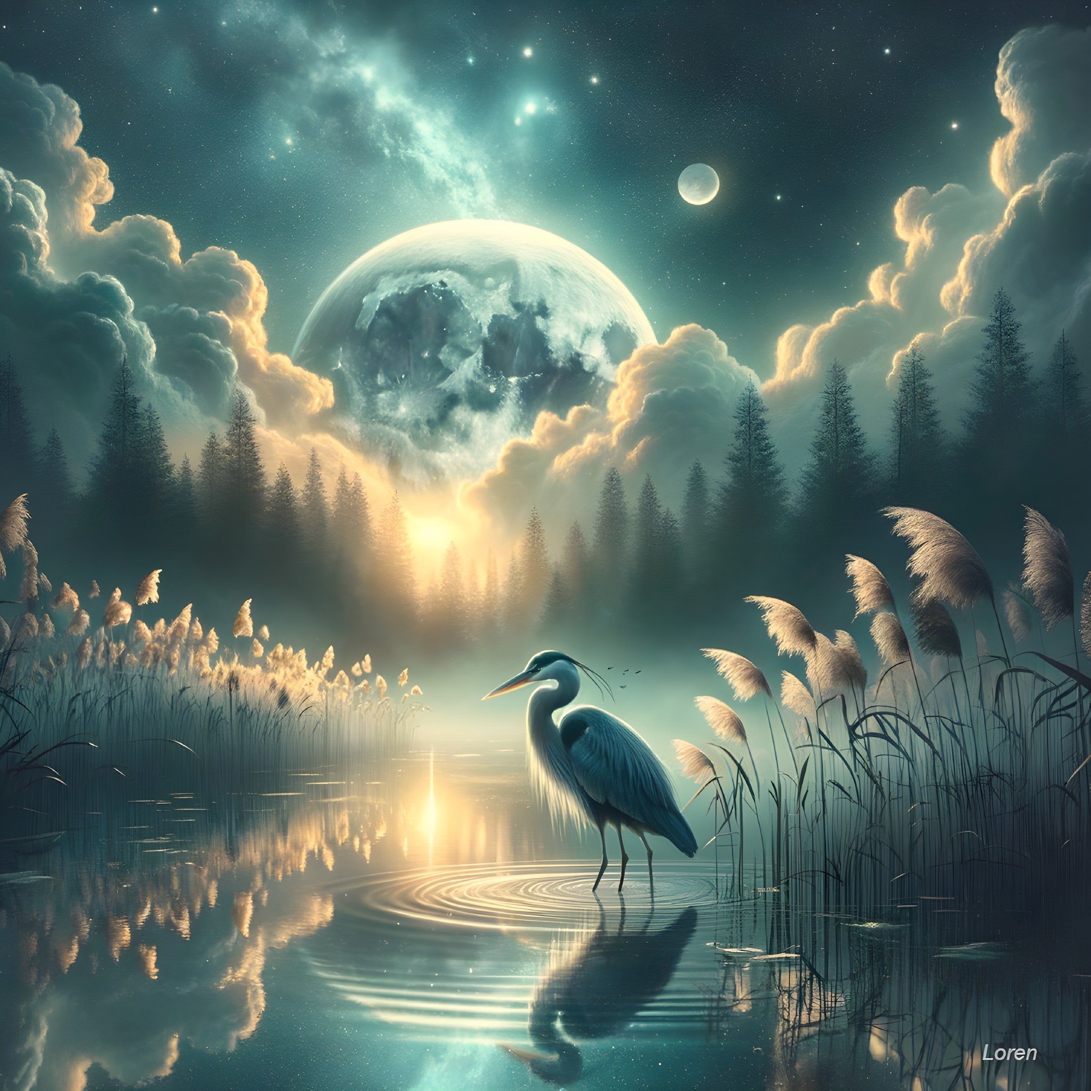 Tranquil Waterway Under Moonlit Sky with Heron