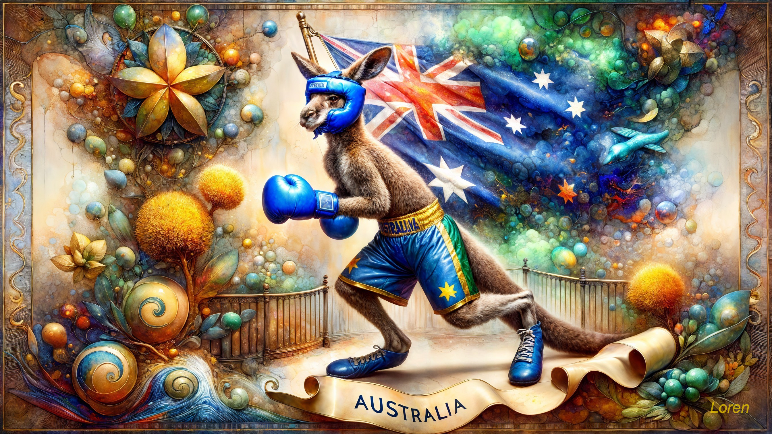 Stylized Kangaroo in Boxing Gear with Australian Flag