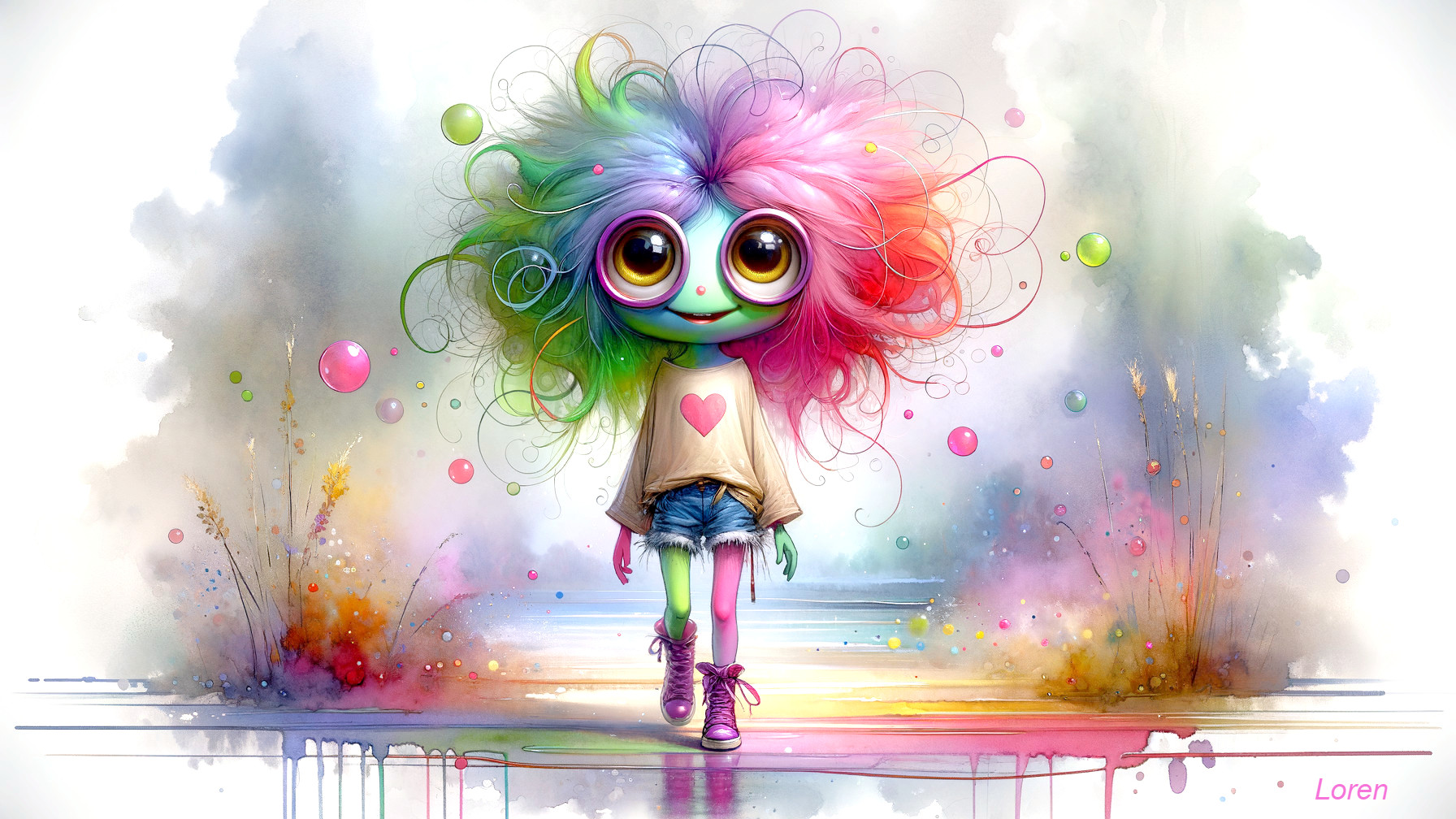 Whimsical Character in Colorful Dreamy Scene