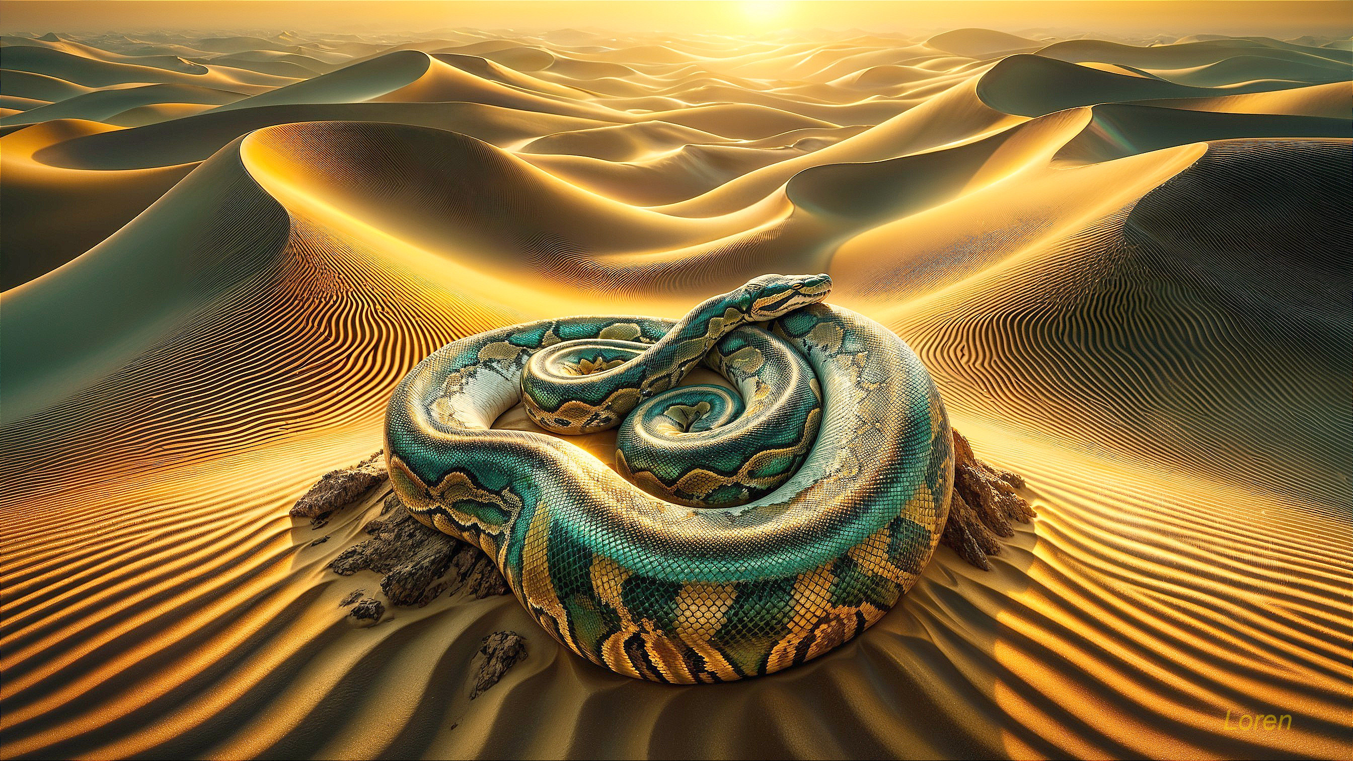 Majestic snake on rock in sunset over sand dunes