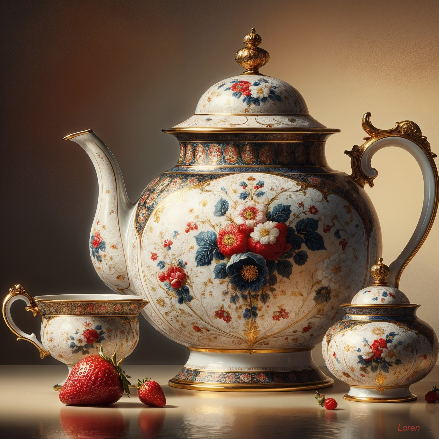 Intricate Floral Porcelain Tea Set with Strawberries
