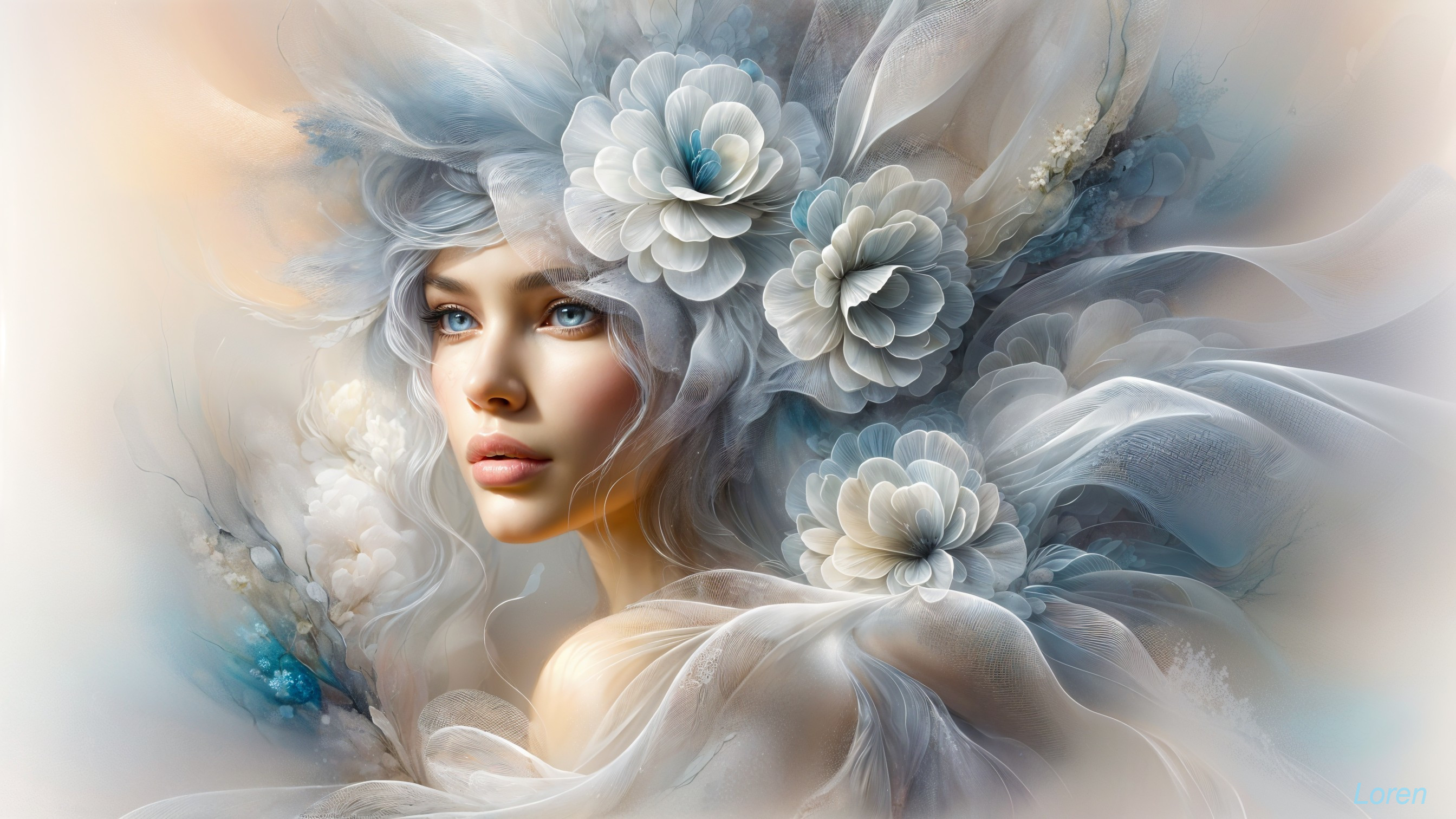 Ethereal Woman with Silvery Hair and Soft Pastels