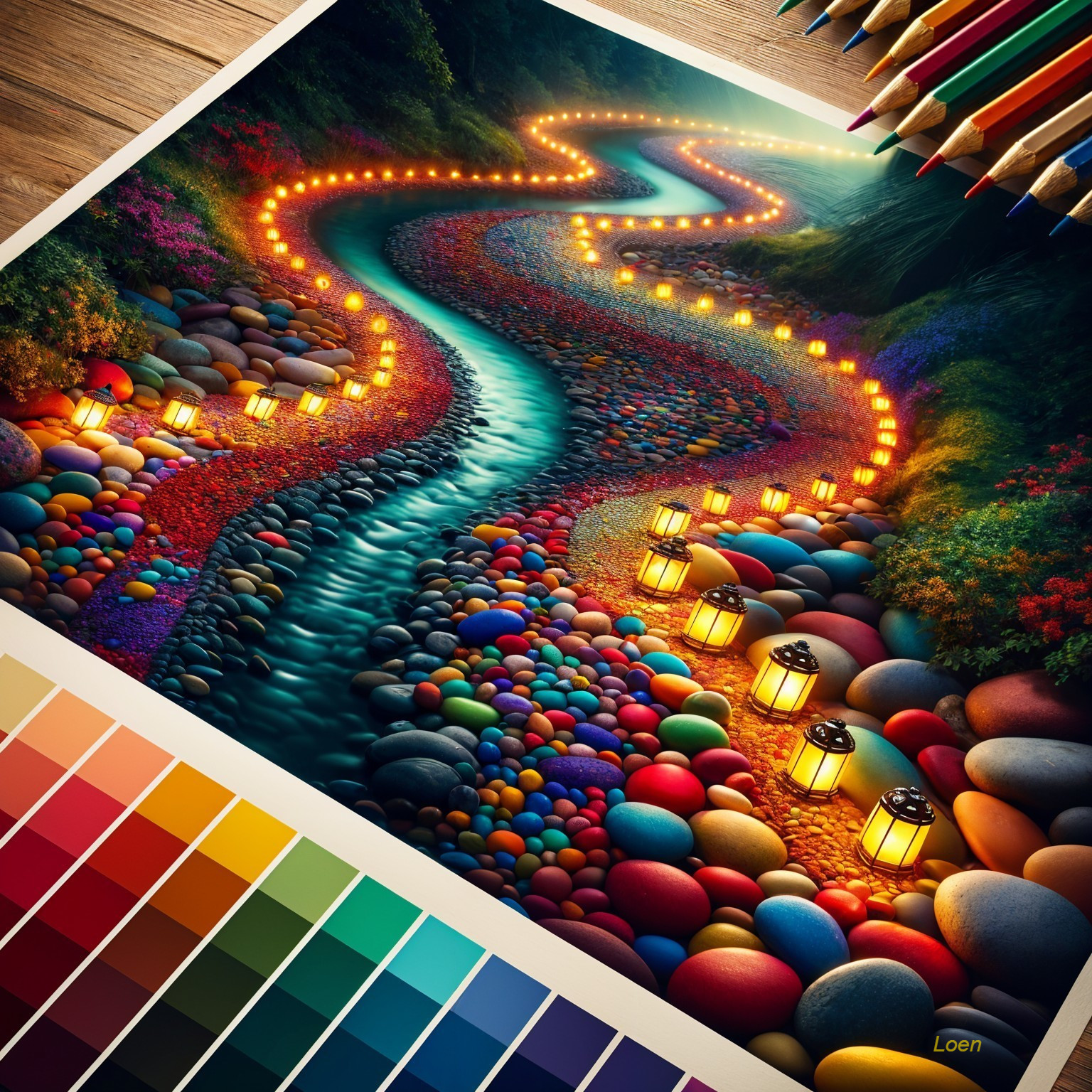 Serene landscape with river, pebbles, and lanterns