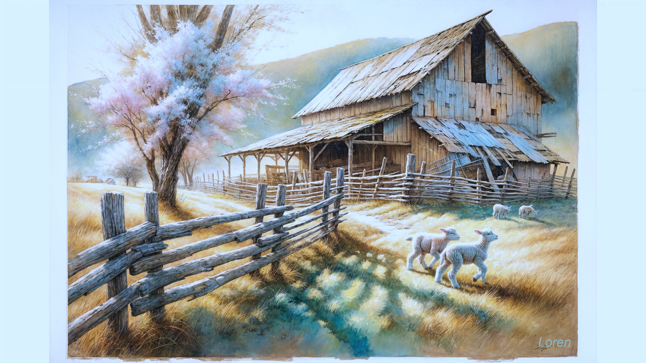 Pastoral Scene with Barn, Fields, and Playful Lambs