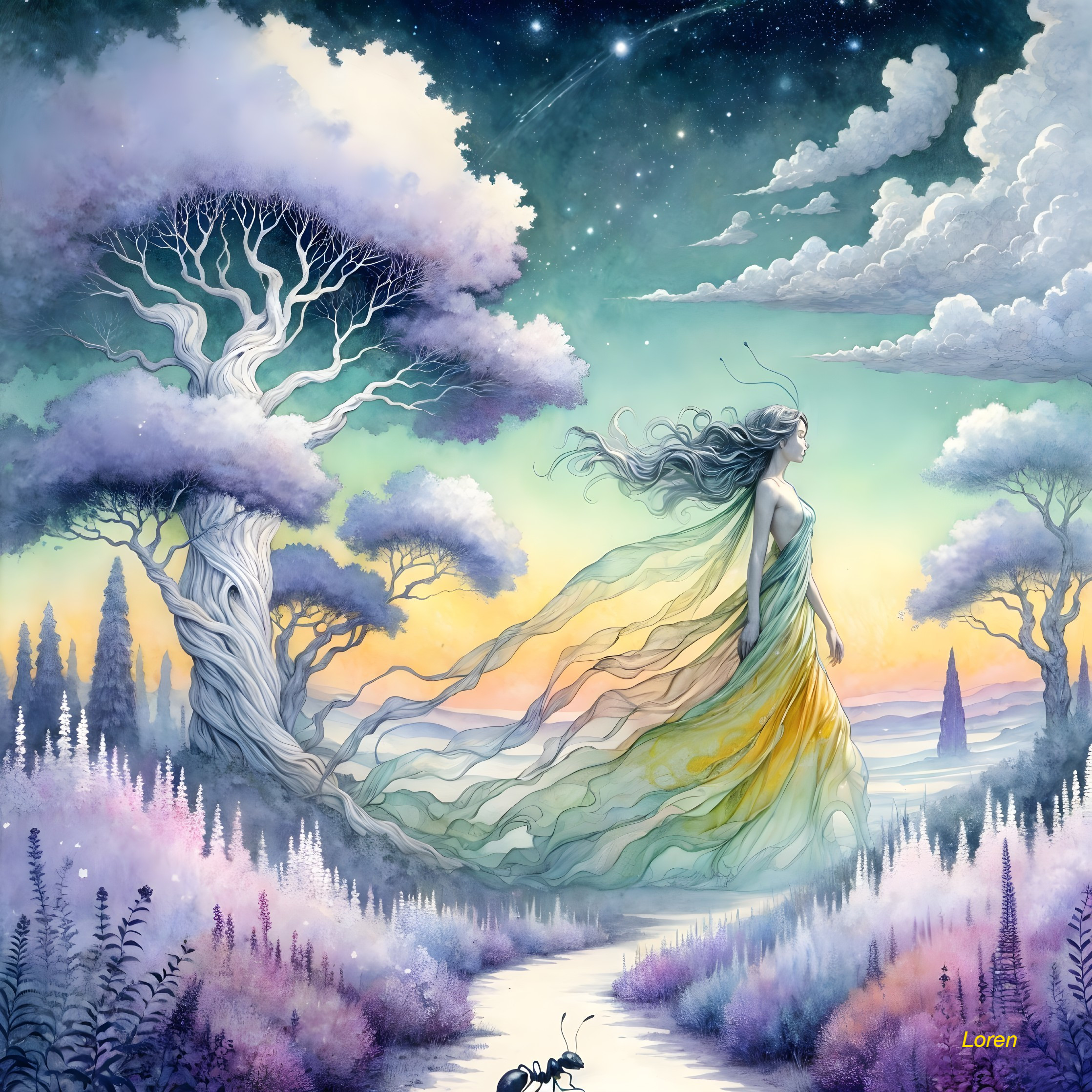 Ethereal Landscape with Flowing Figure and Whimsical Flora