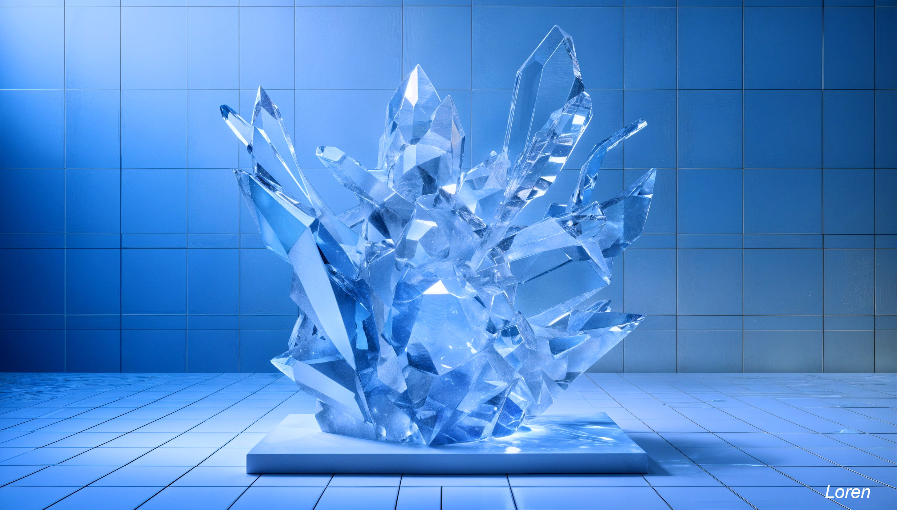 Intricate Blue Crystalline Sculpture on Minimal Base