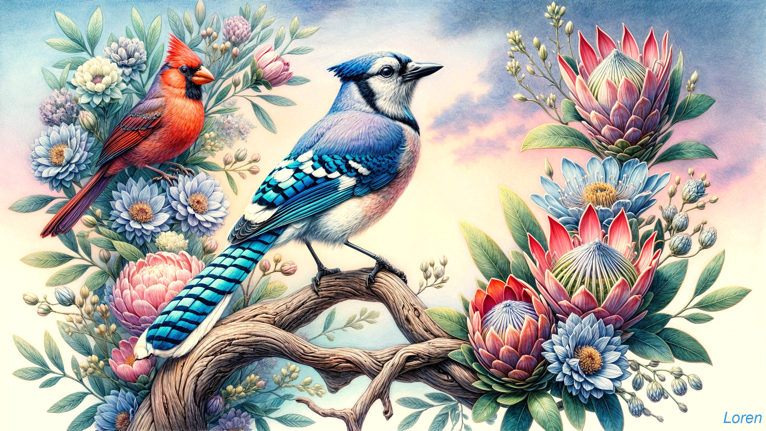 Blue Jay and Cardinal on Branch with Colorful Flowers