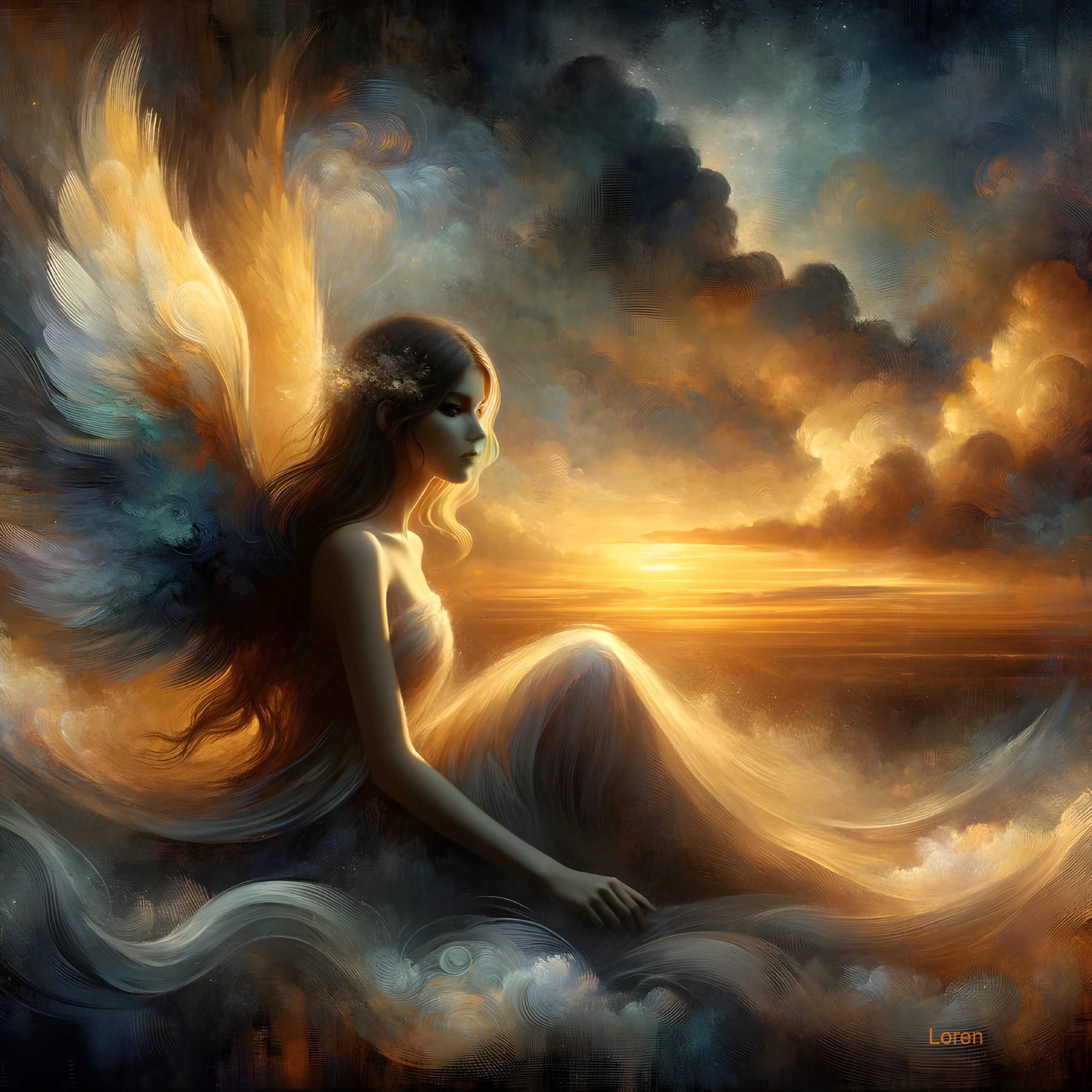 Ethereal figure with luminous wings in sunset clouds