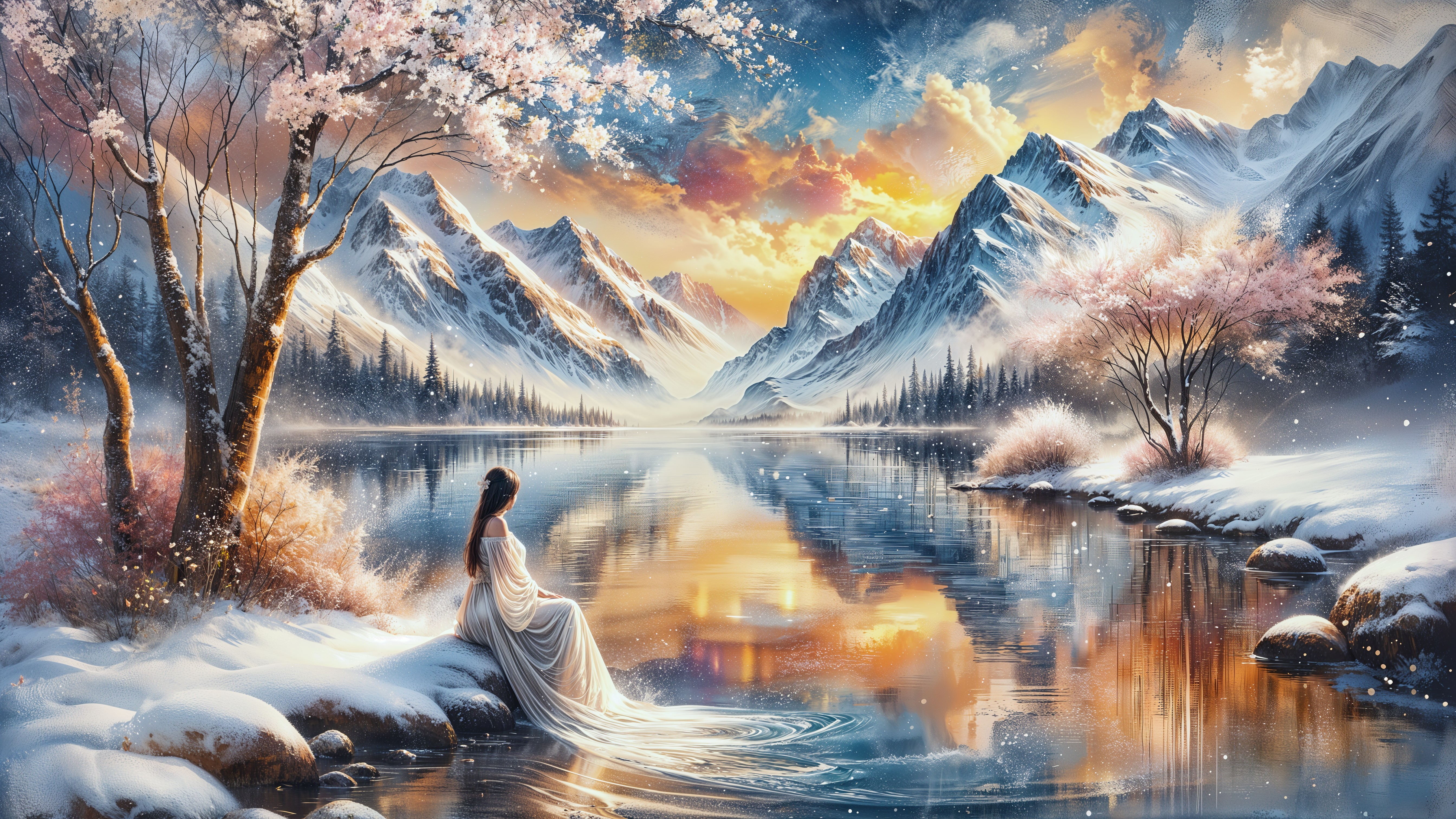 Serene winter landscape with mountains and cherry blossoms