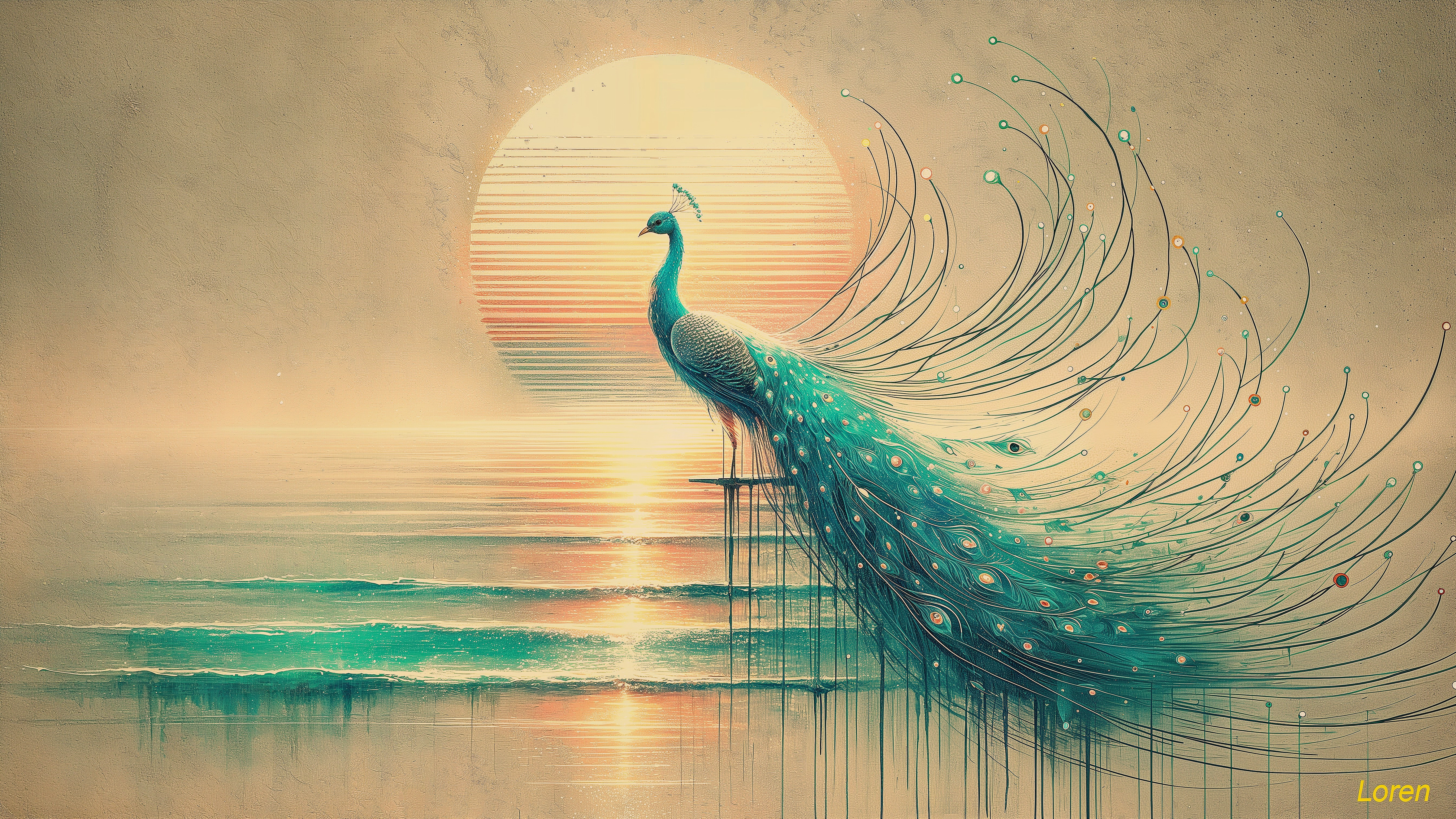 Peacock by Tranquil Sea at Sunrise with Vibrant Colors