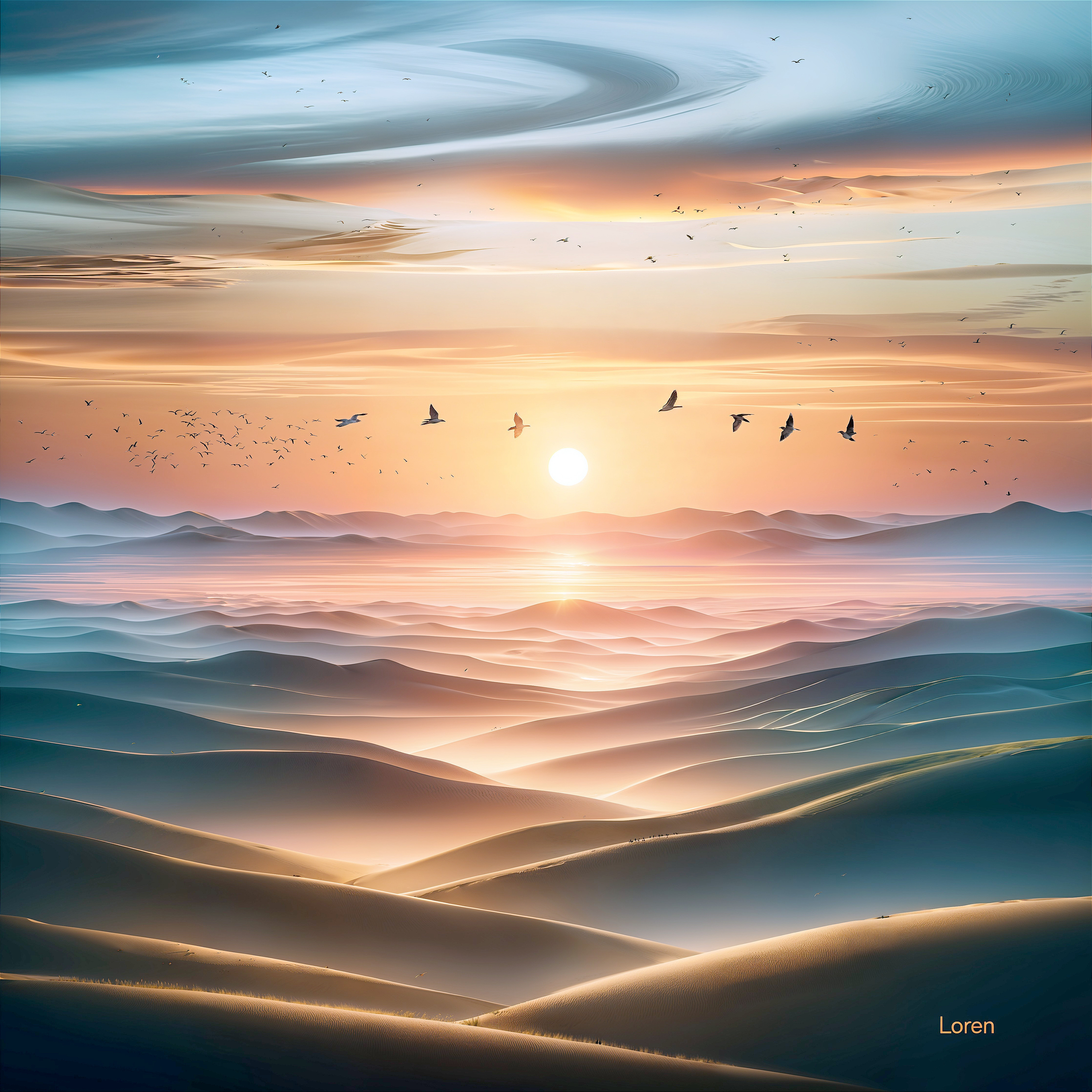Serene Sunset Landscape with Sand Dunes and Birds