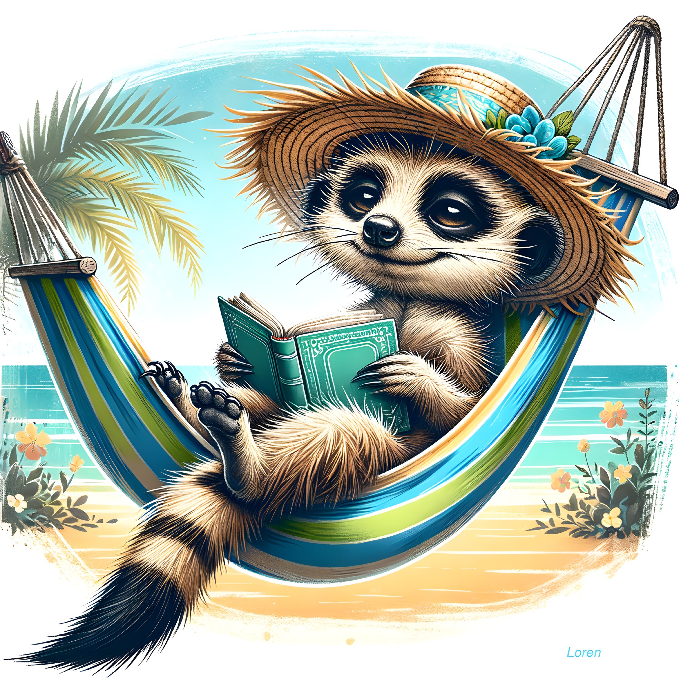Raccoon in a hammock on a sunny beach scene