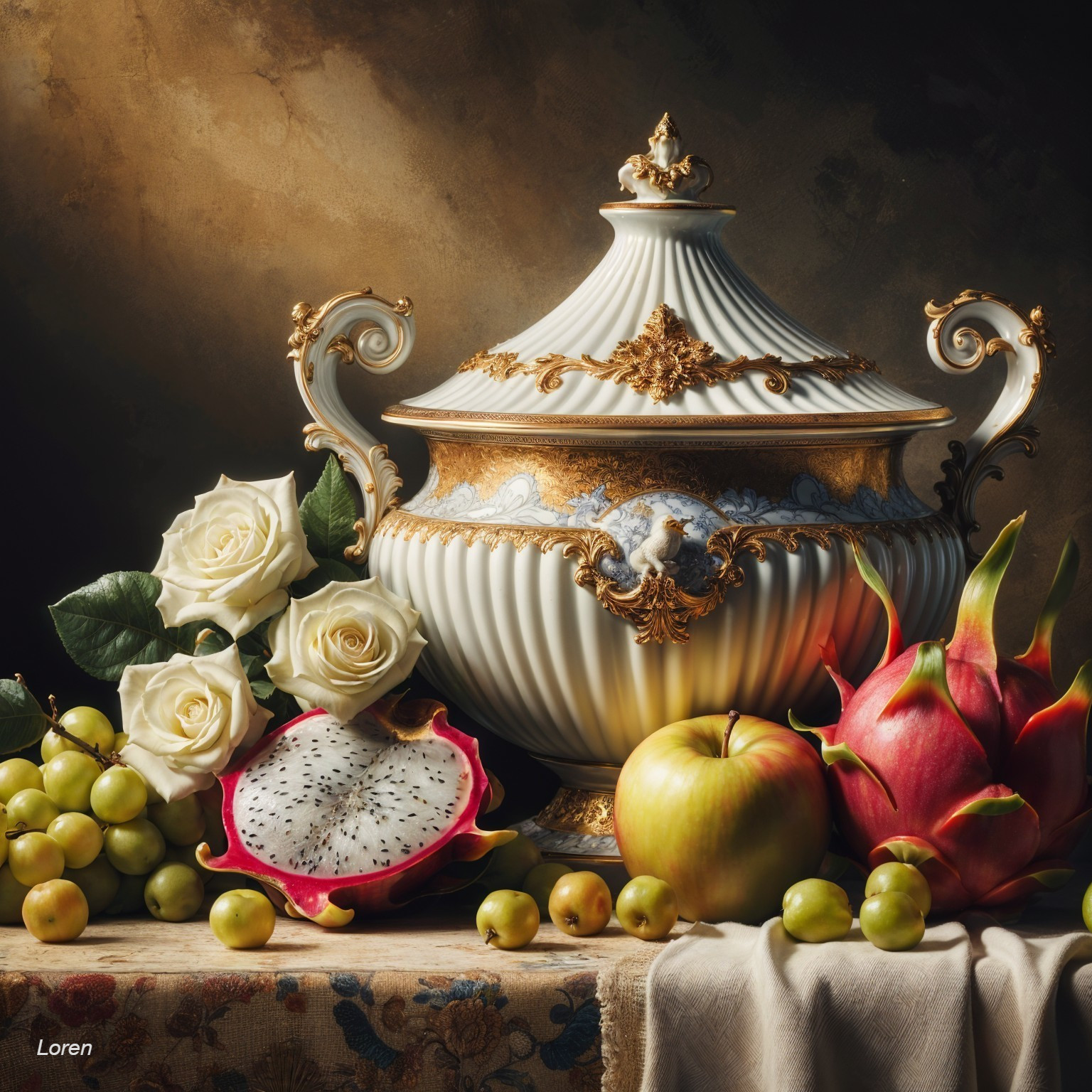 Elegant Still Life with Porcelain Tureen and Fruits