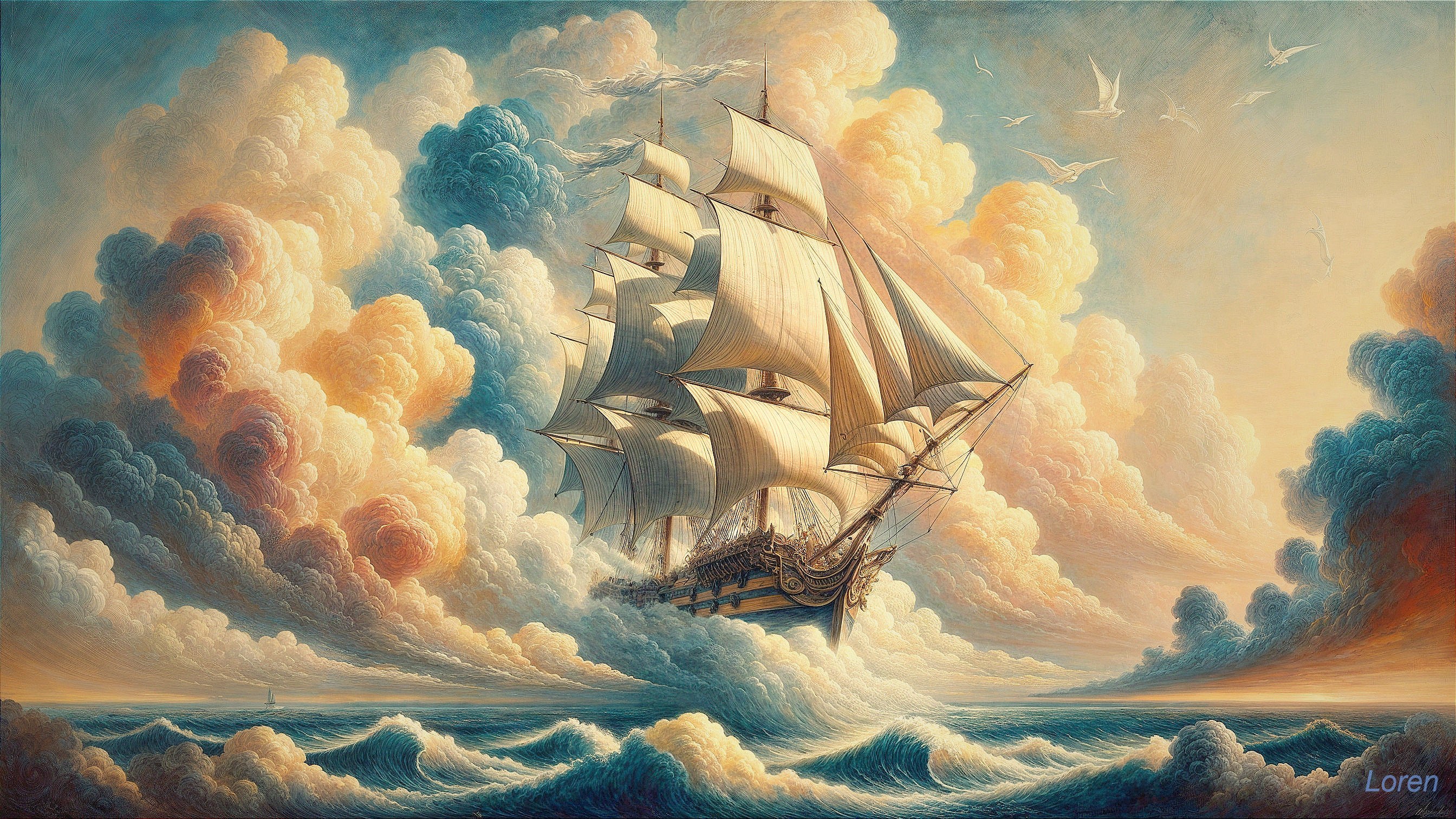 Majestic ship sailing through vibrant, swirling clouds