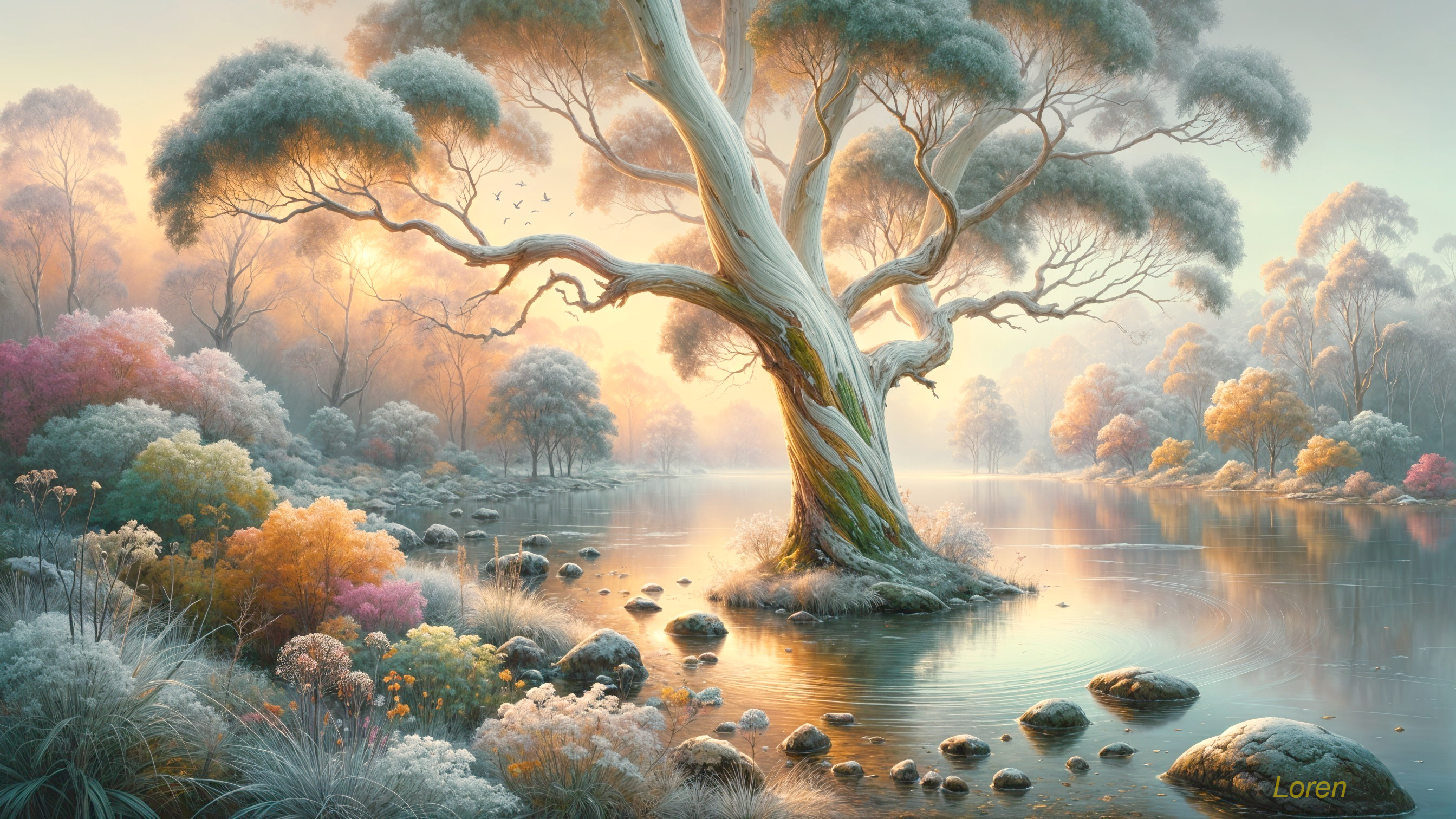 Serene landscape with a majestic tree by a pond