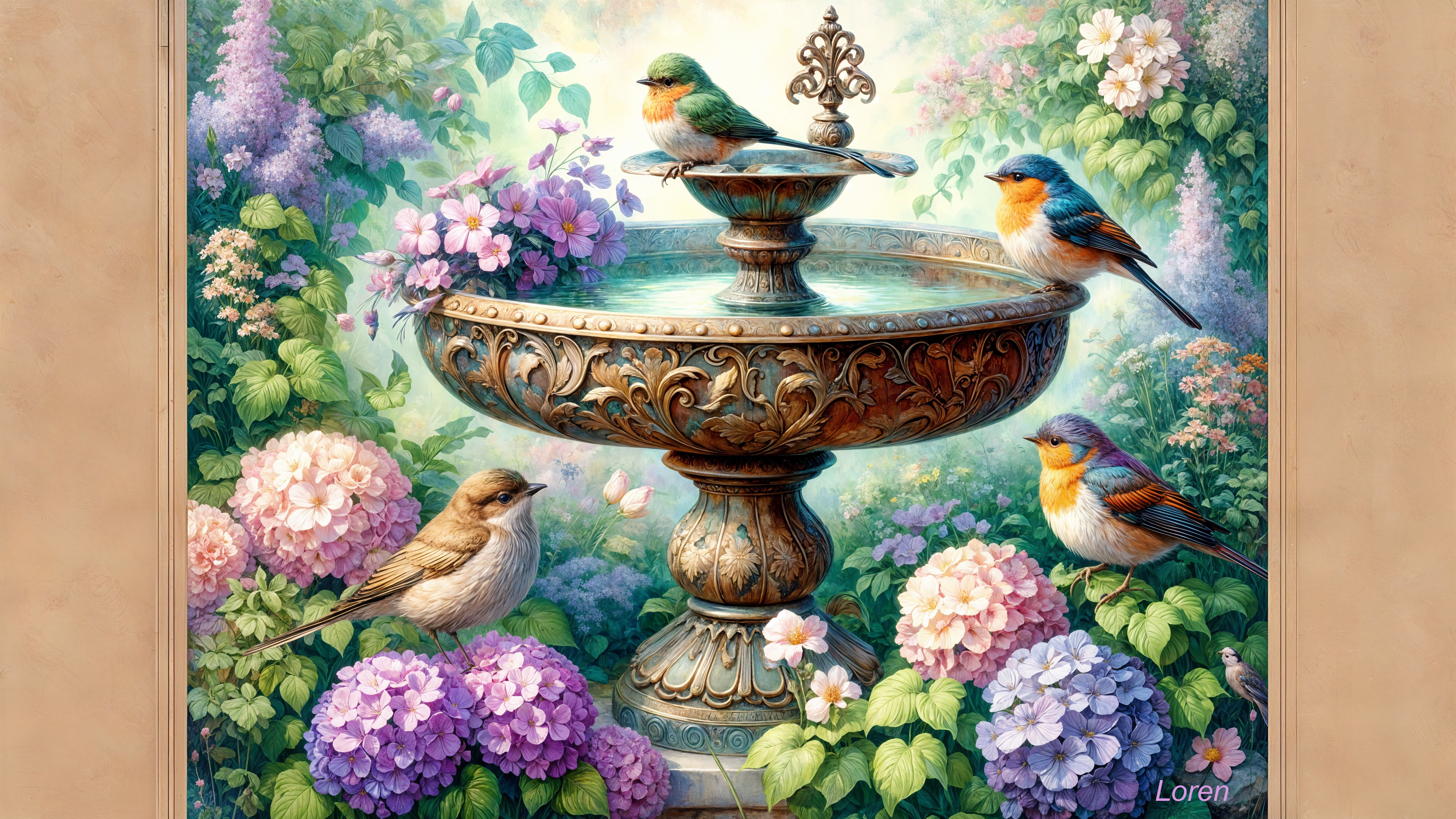 Decorative stone fountain in a vibrant garden setting