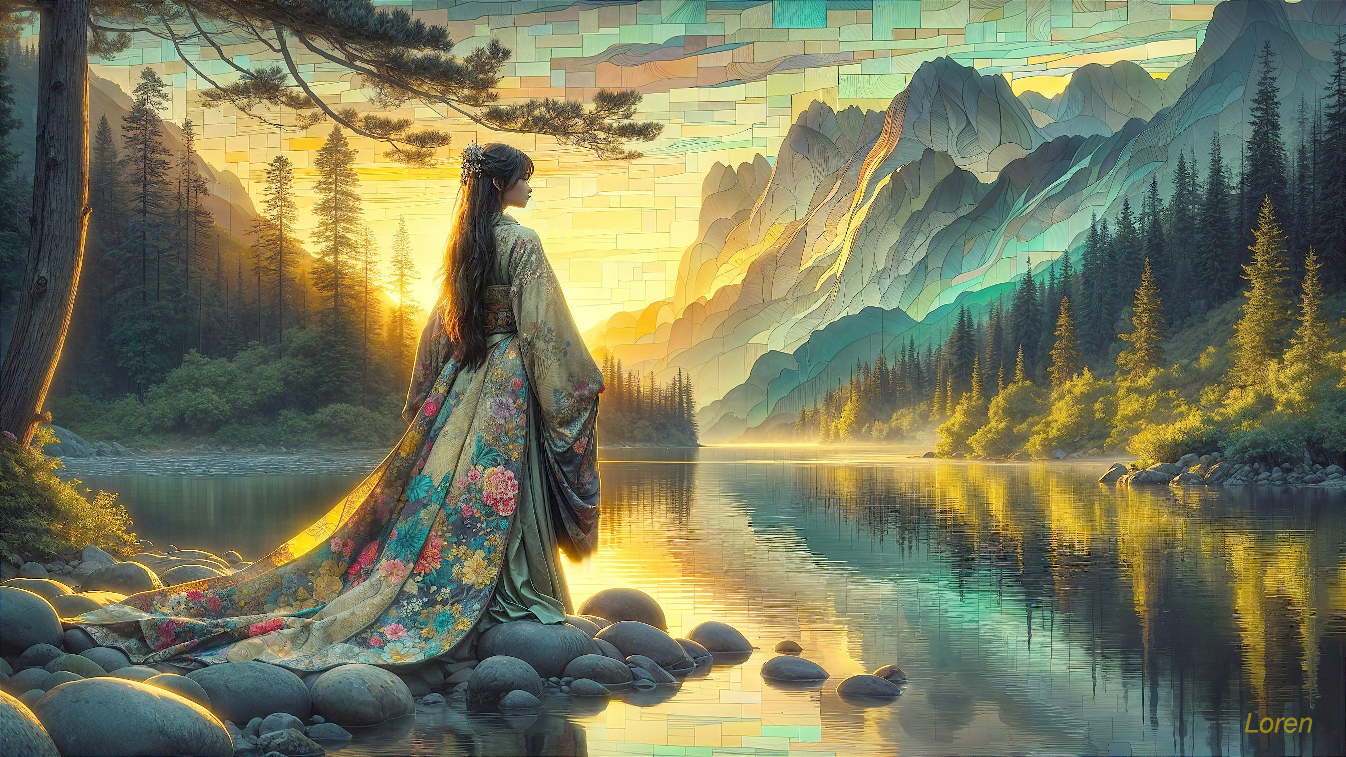 Serene Landscape with Woman in Colorful Kimono