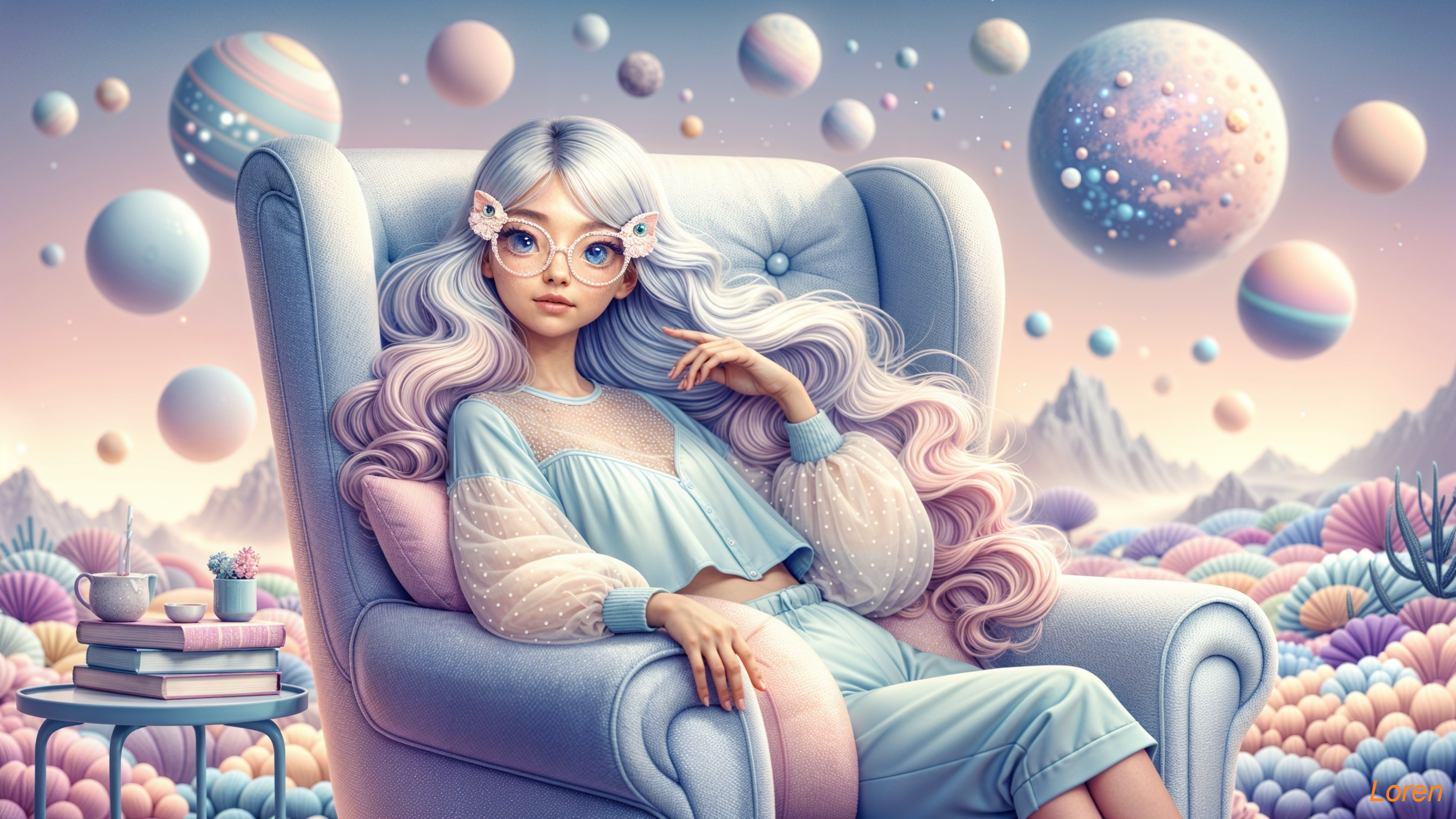 Young girl in pastel pajamas in whimsical setting