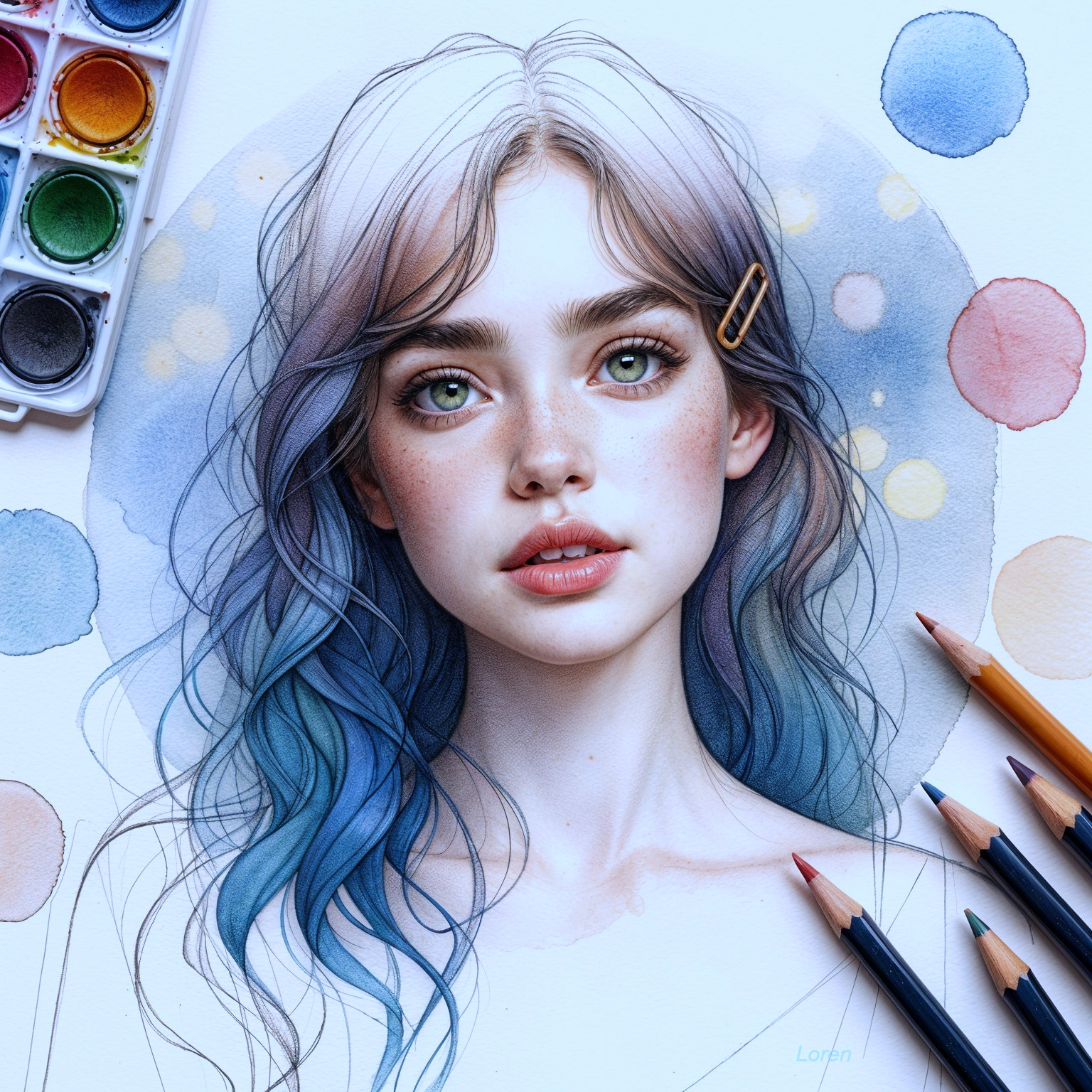 Portrait of a Young Woman with Colorful Hair and Art Supplies