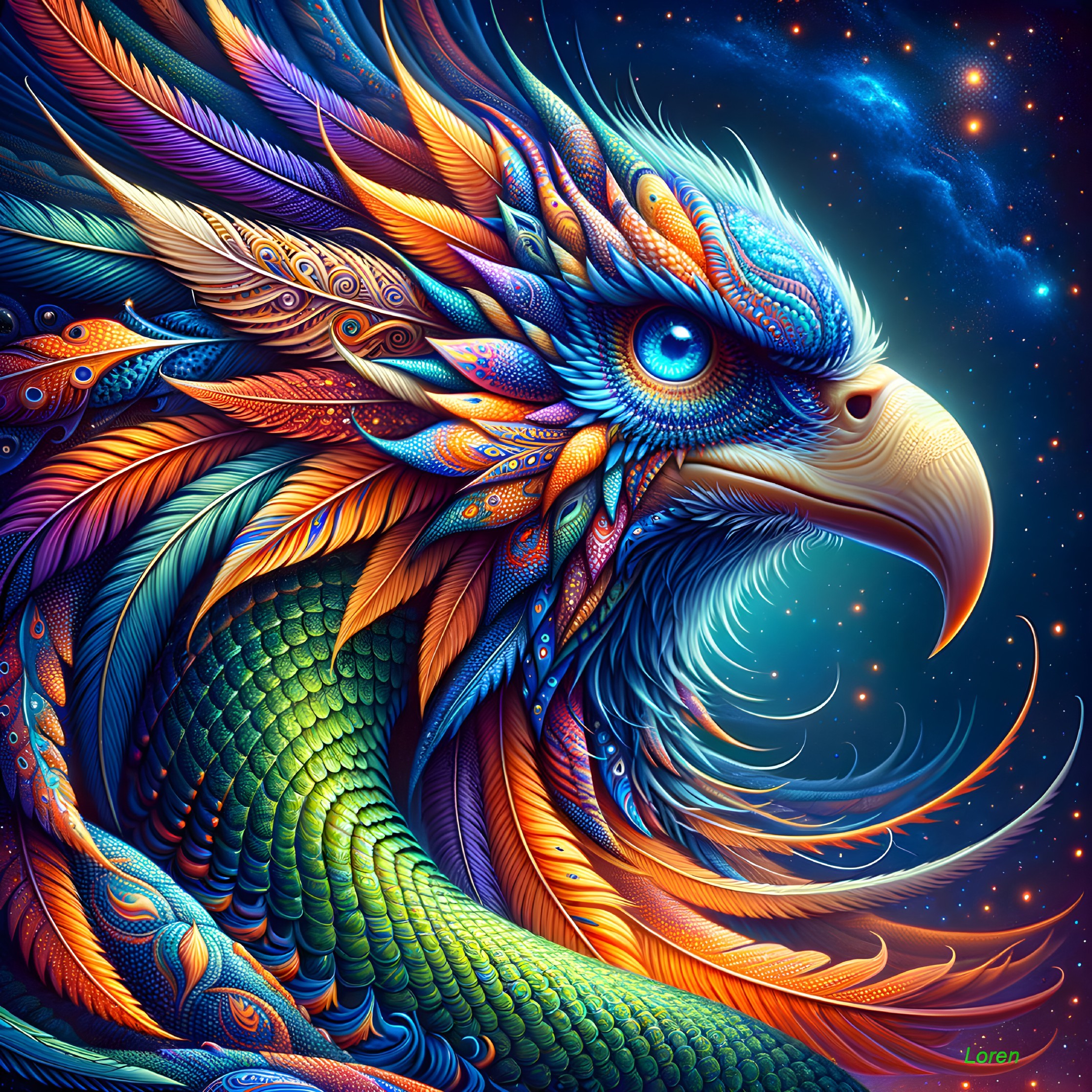 Vividly Colored Mythical Bird Against Cosmic Background