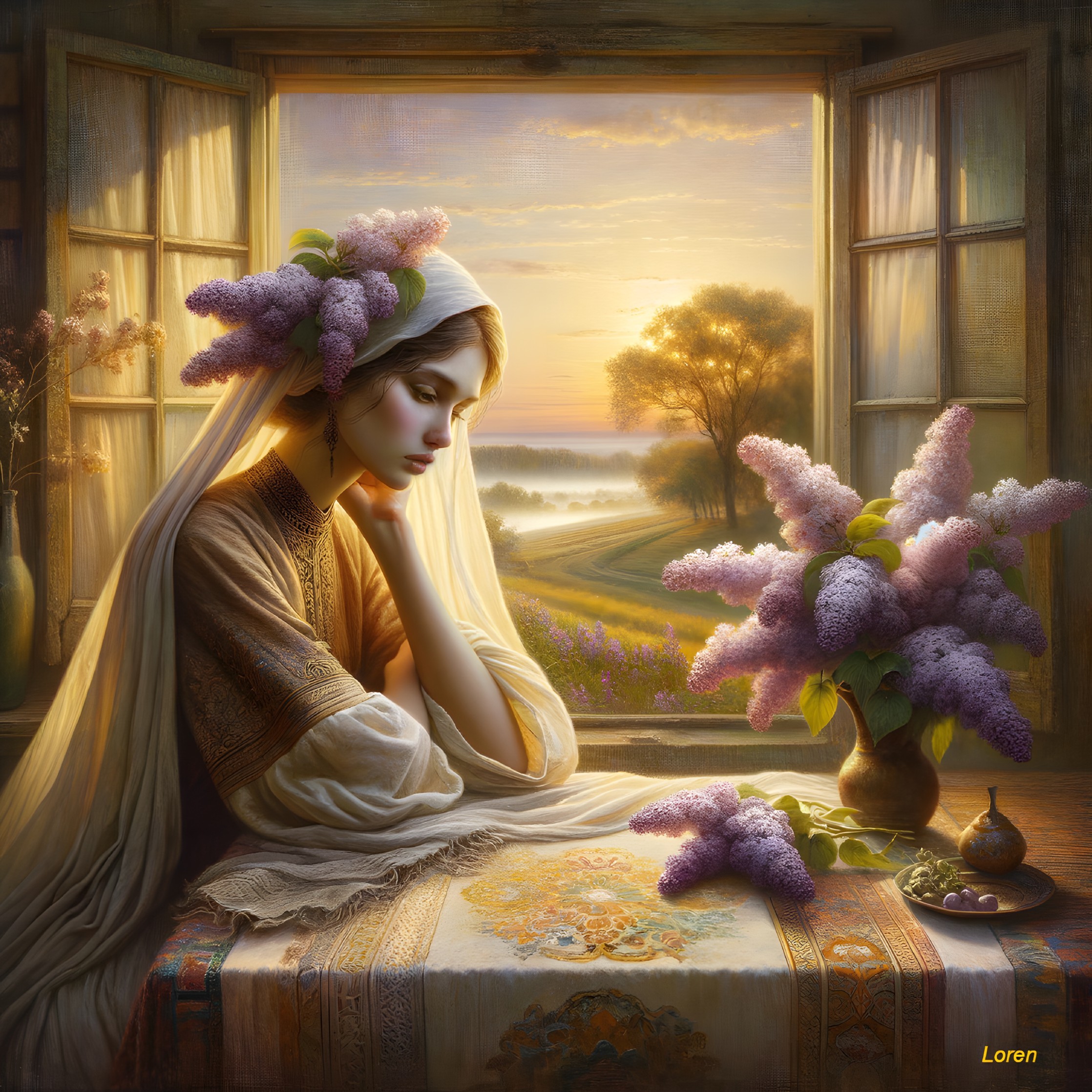 Serene Scene of a Woman by a Window with Lilacs
