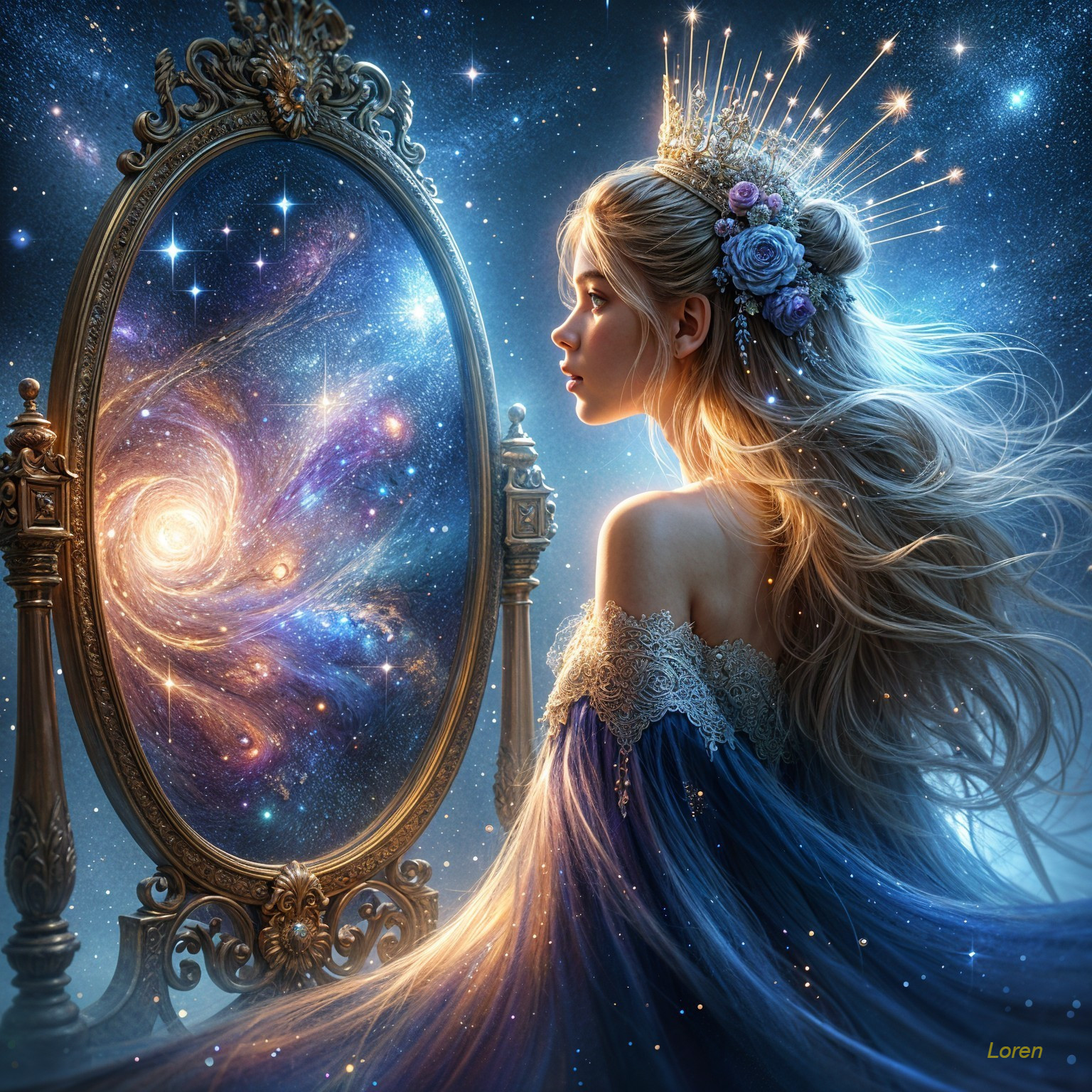 Celestial Scene of Woman with Galaxy Reflection