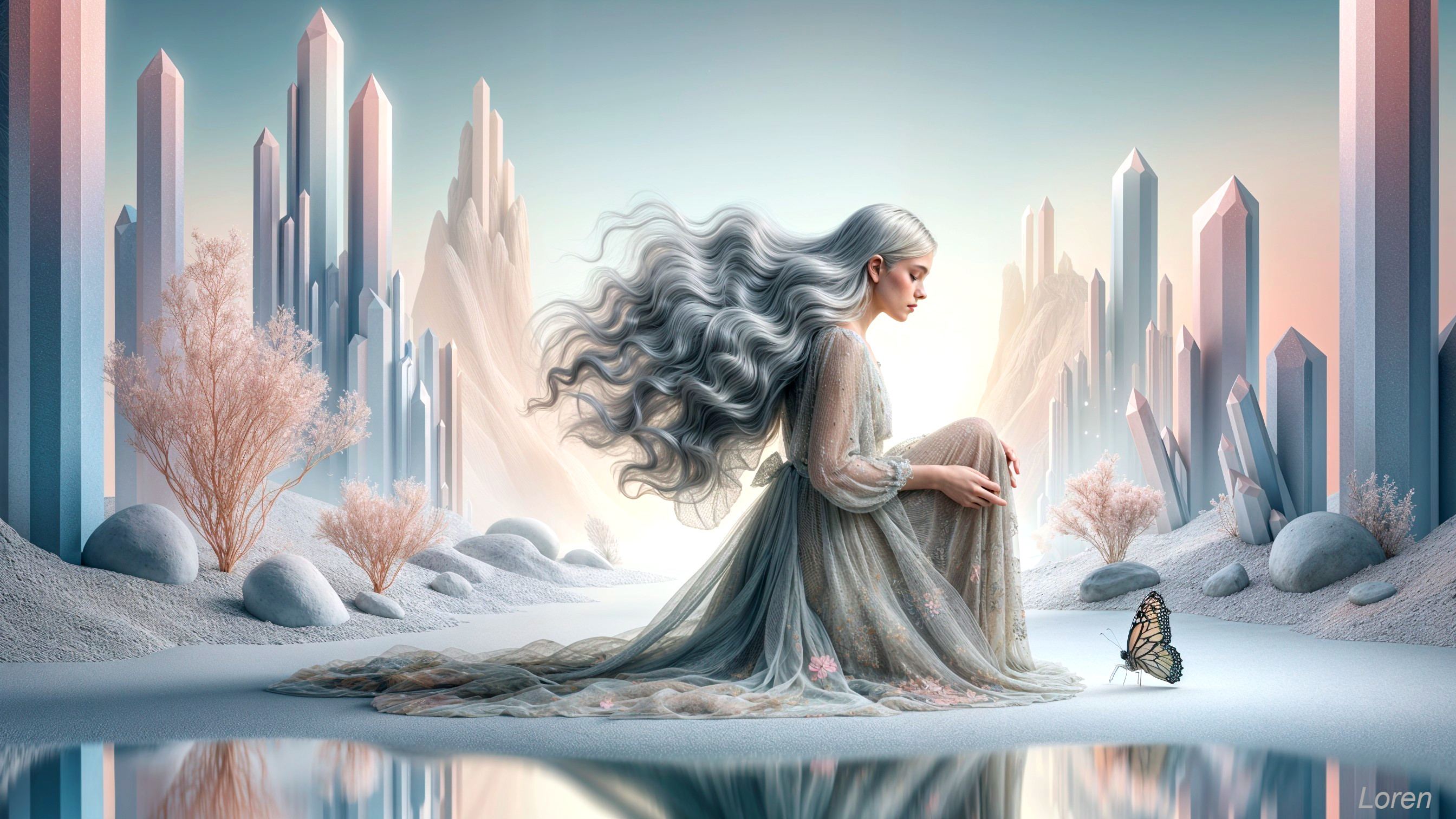 Serene figure with silver hair on a calm shore