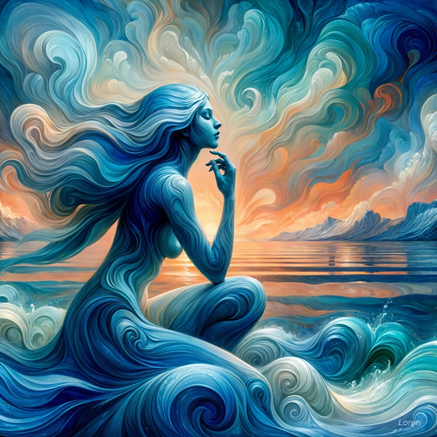 Serene figure by vibrant waves at sunset's edge