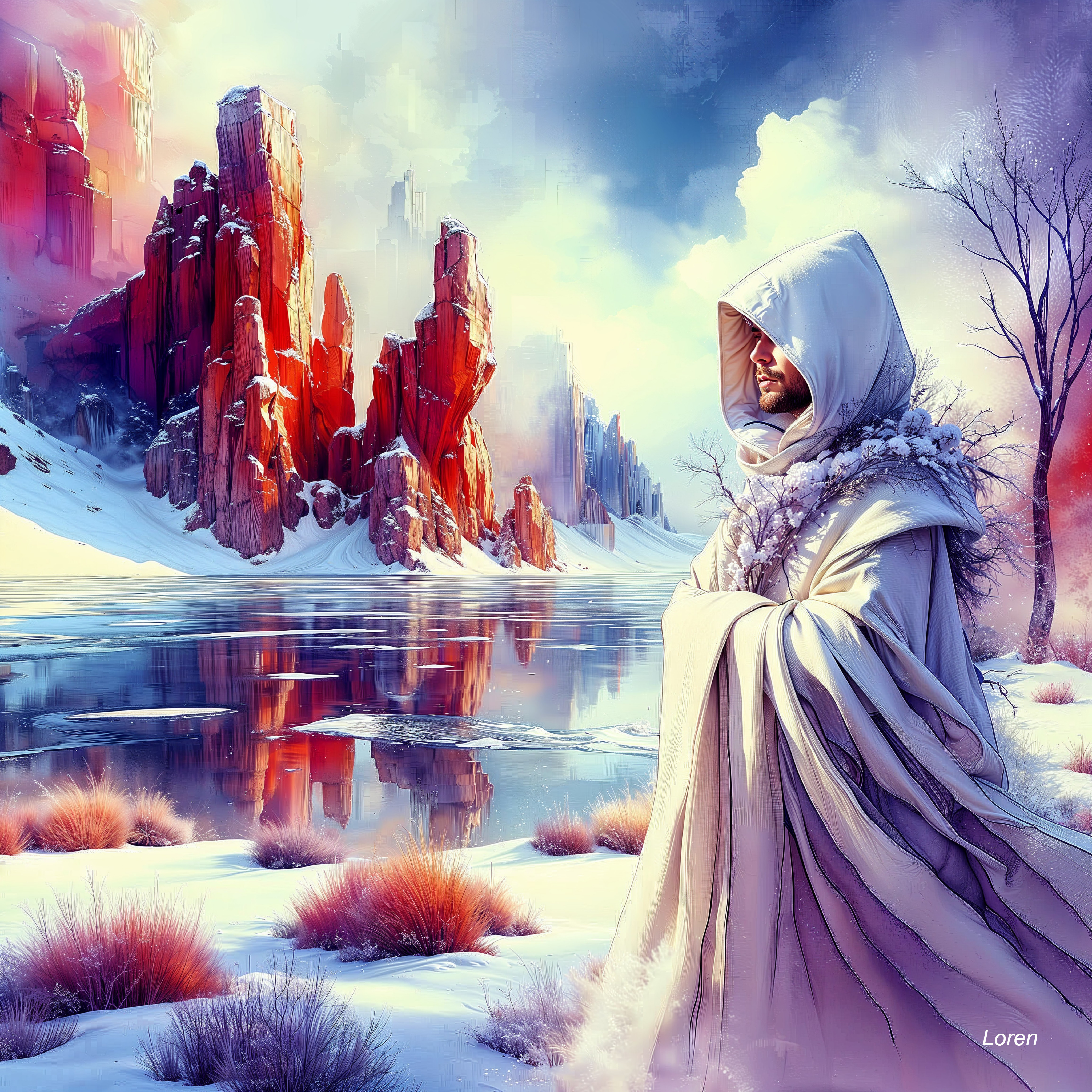 Lone Figure by Snow-Covered Lake and Red Rocks