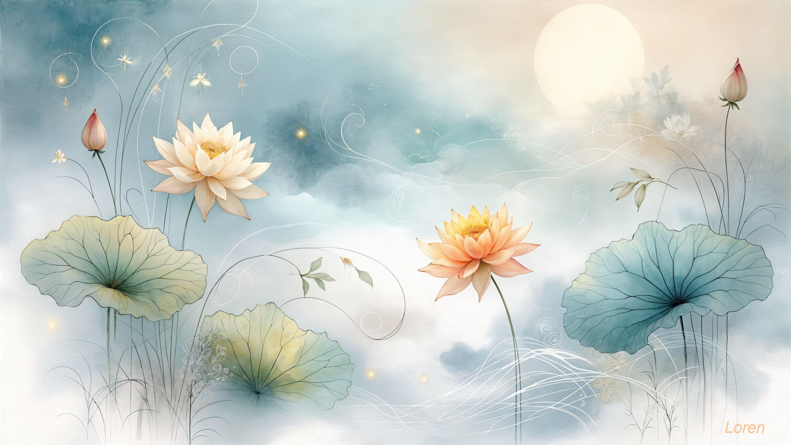 Lotus Flowers Among Soft Clouds and Aqua Leaves