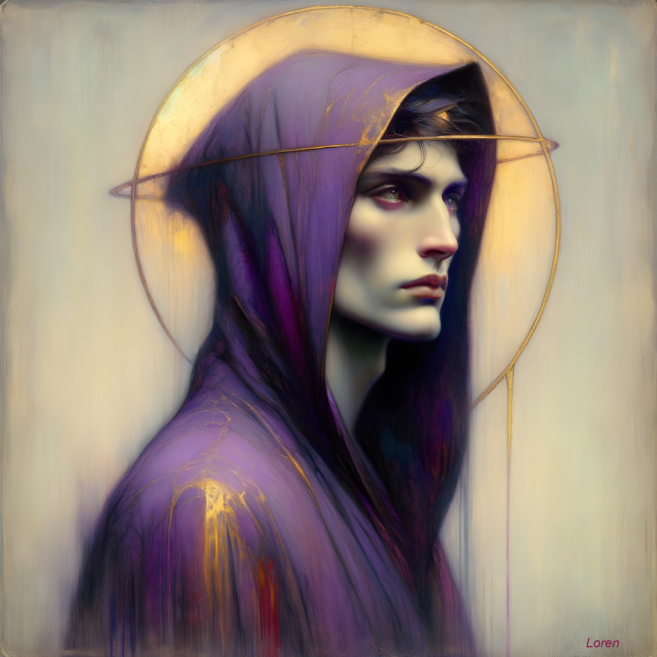 Ethereal figure in purple robe with luminous halo