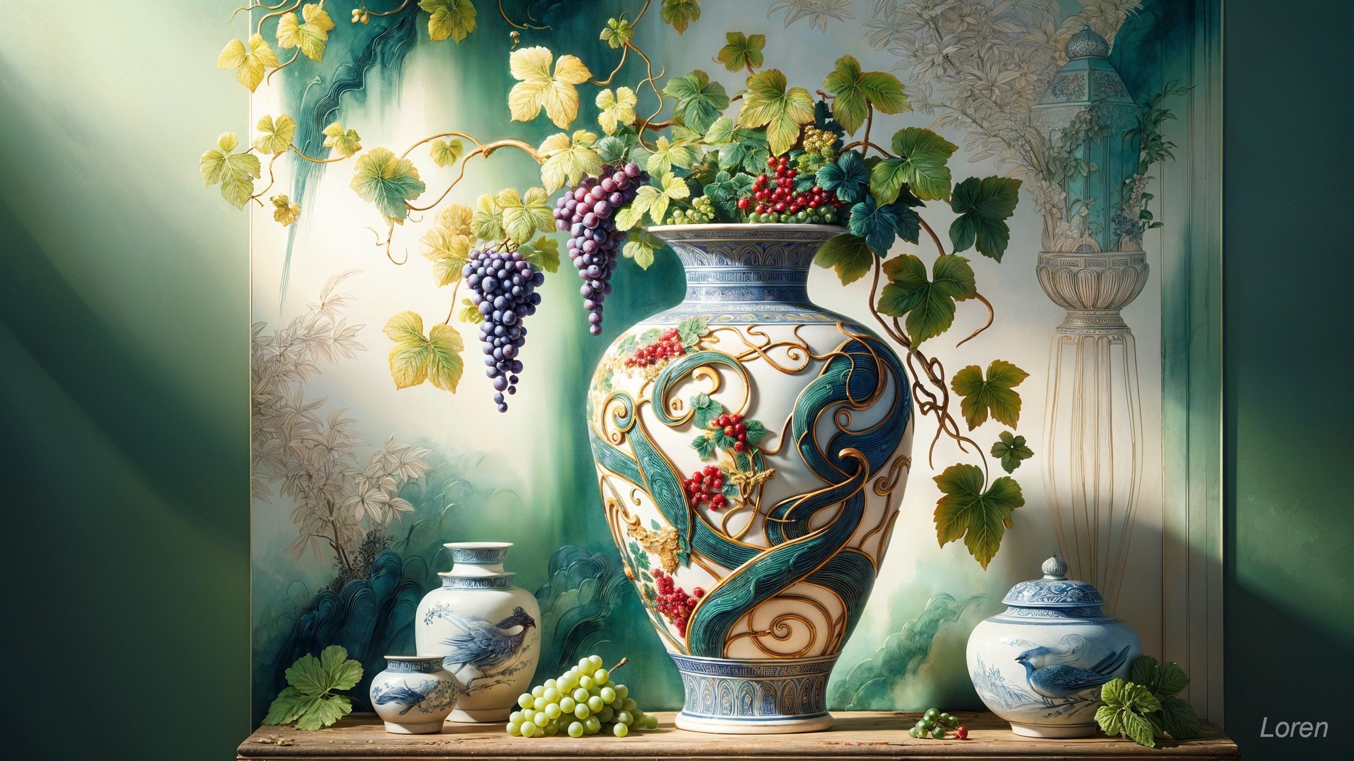 Intricate Blue and White Decorative Vase with Grapes