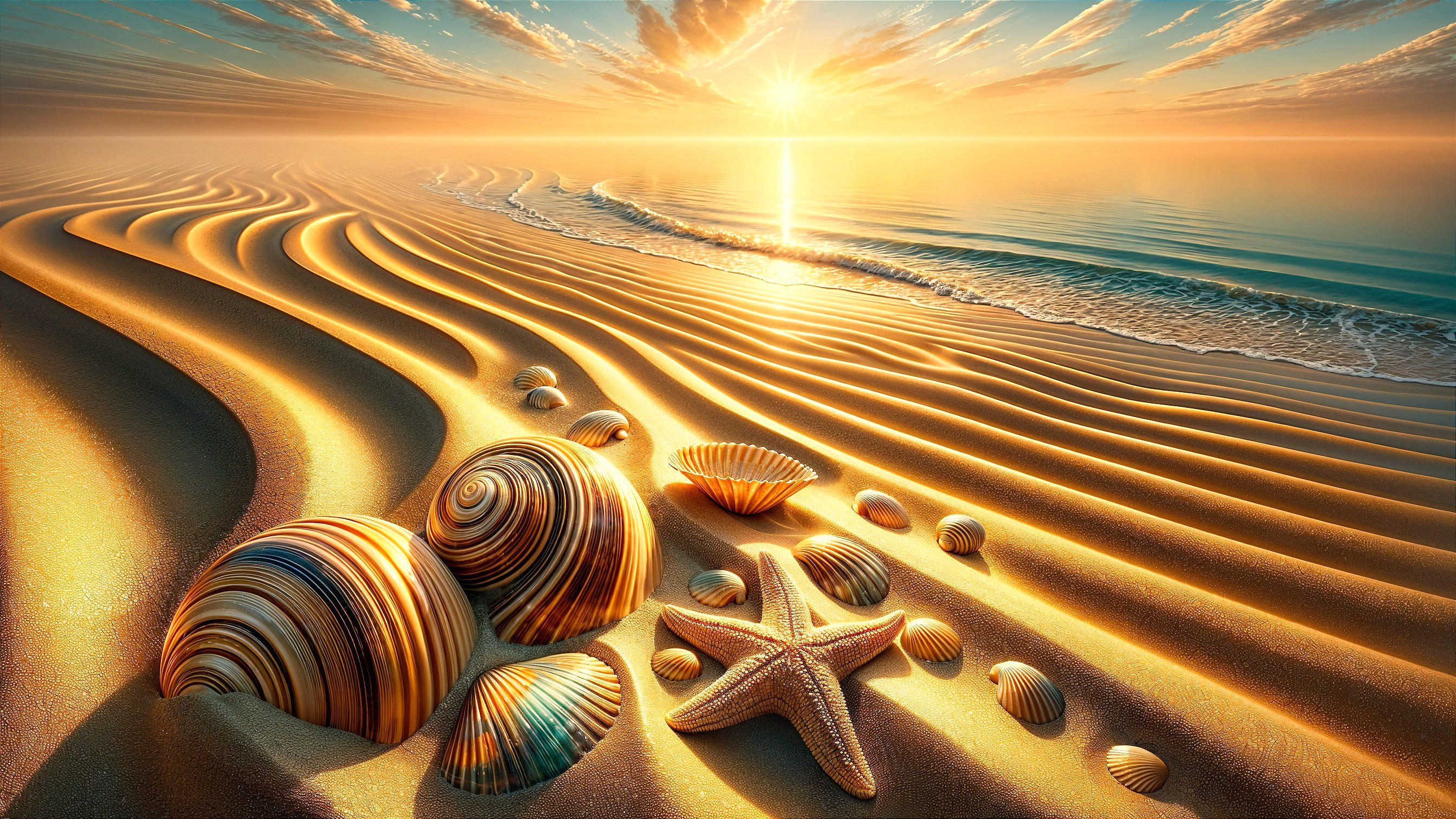 Serene Beach Scene at Sunrise with Seashells and Starfish