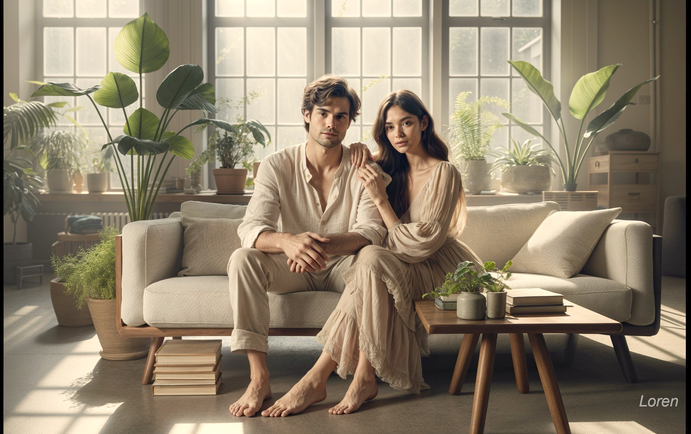 Couple Relaxing on Couch in Sunlit Room with Plants